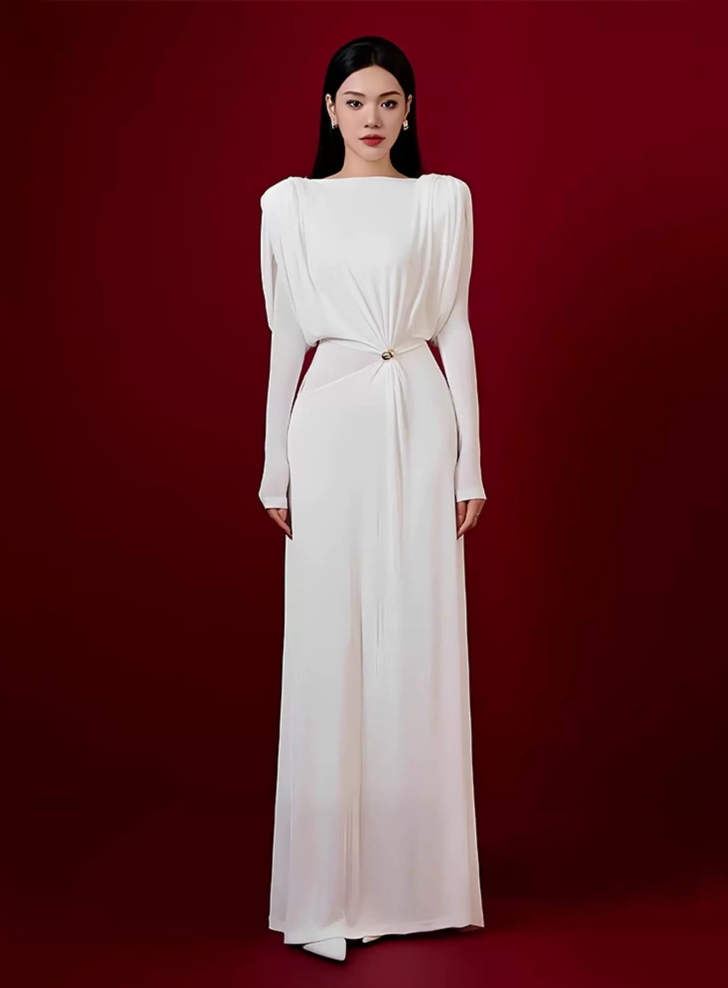 Long Sleeved Dress with Drapes-white