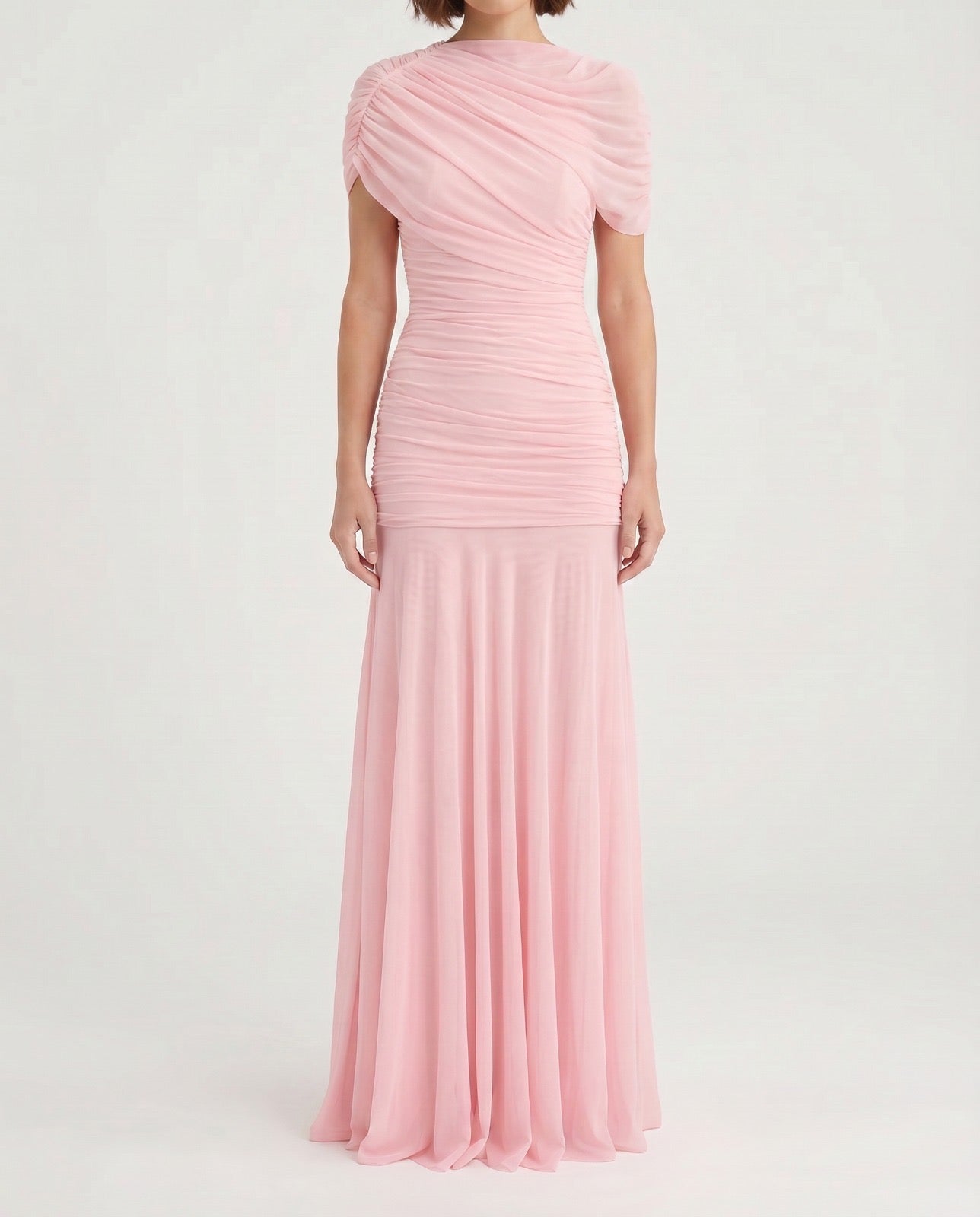 Draped Shoulder Maxi Dress in Pink