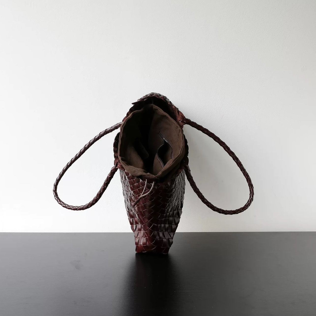 Small Woven Tote Bag in Dark Brown