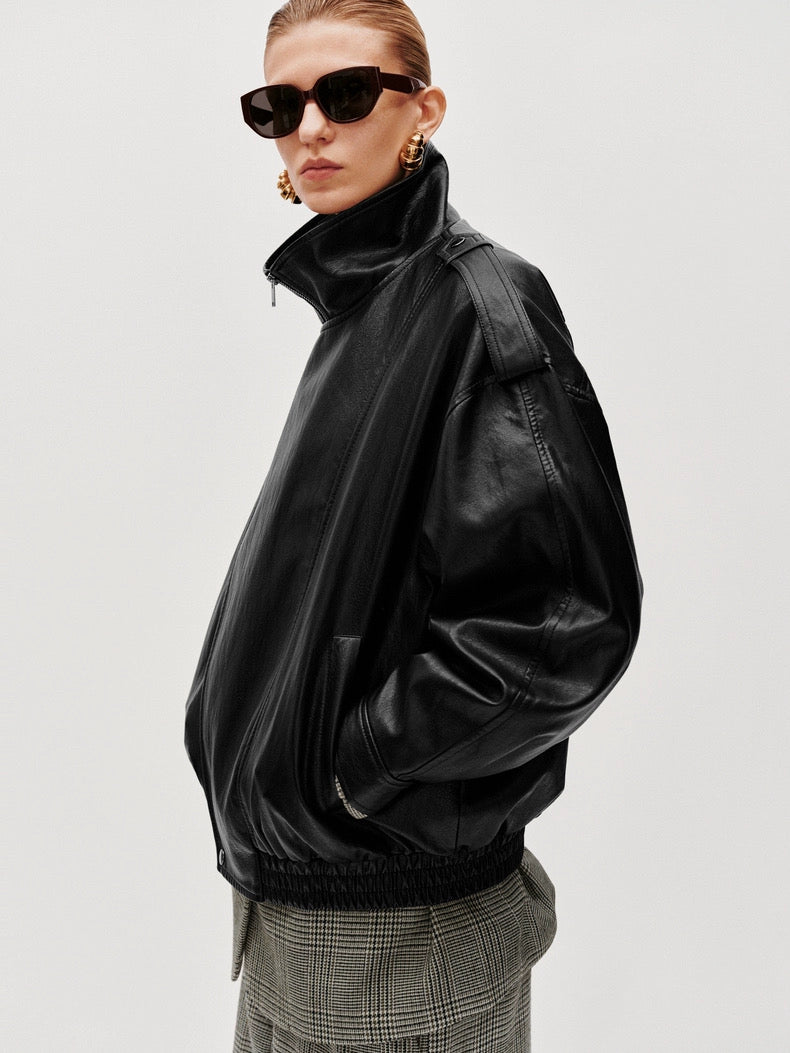 TIE ASYMMETRIC FAUX LEATHER BOMBER JACKET in black