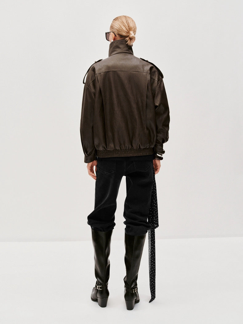 TIE ASYMMETRIC FAUX LEATHER BOMBER JACKETS in brown