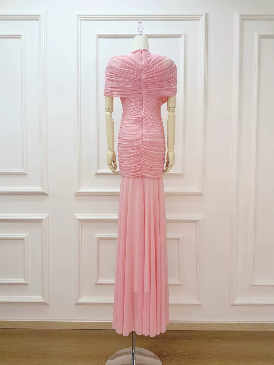 Draped Shoulder Maxi Dress in Pink