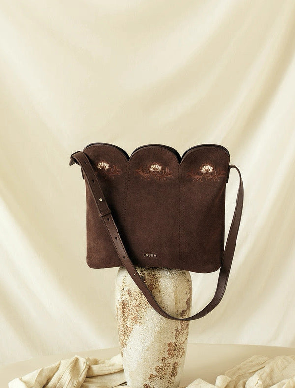 Embroidered Bag in Dark Suede
