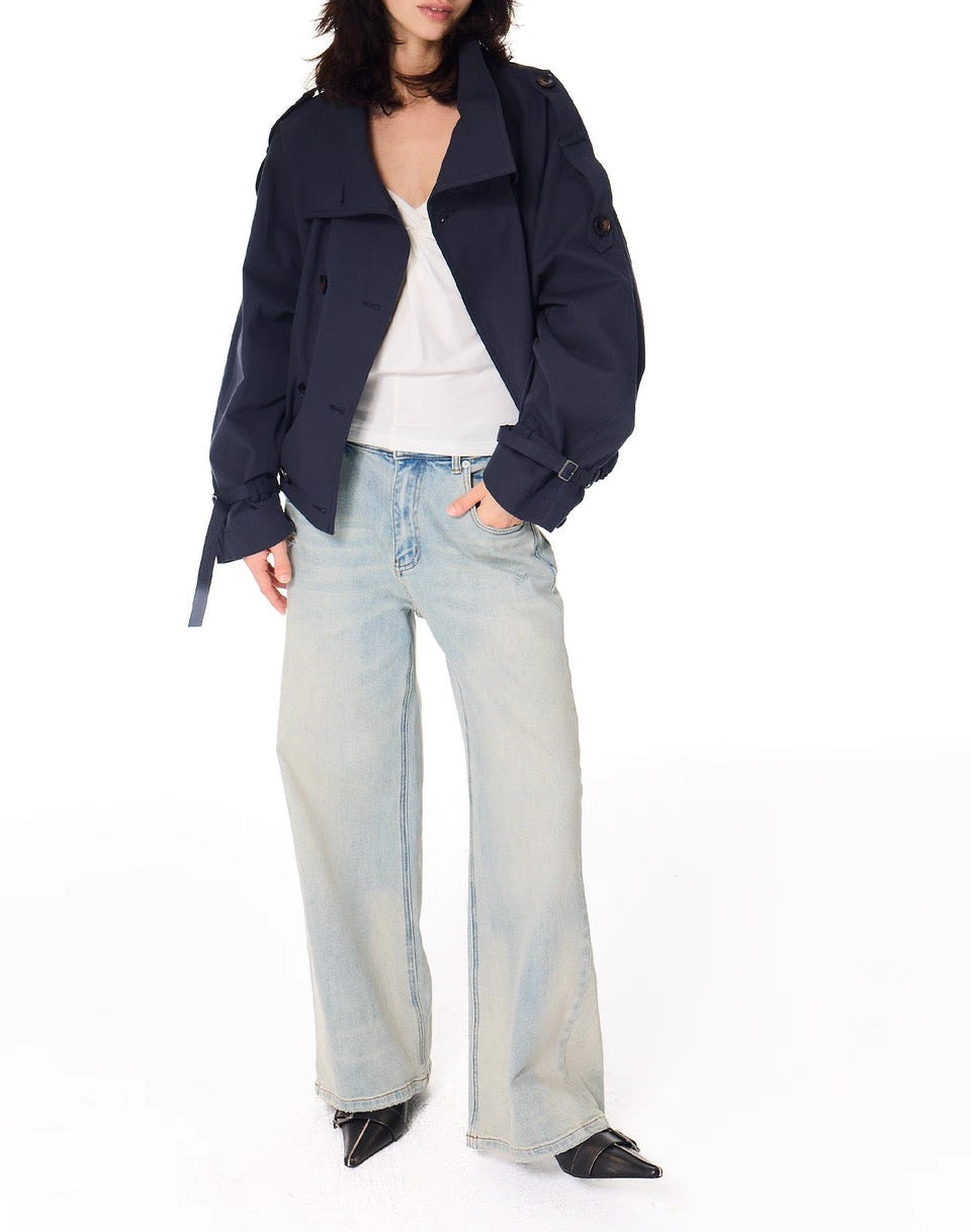 Gathered Trench Jacket in Navy Blue