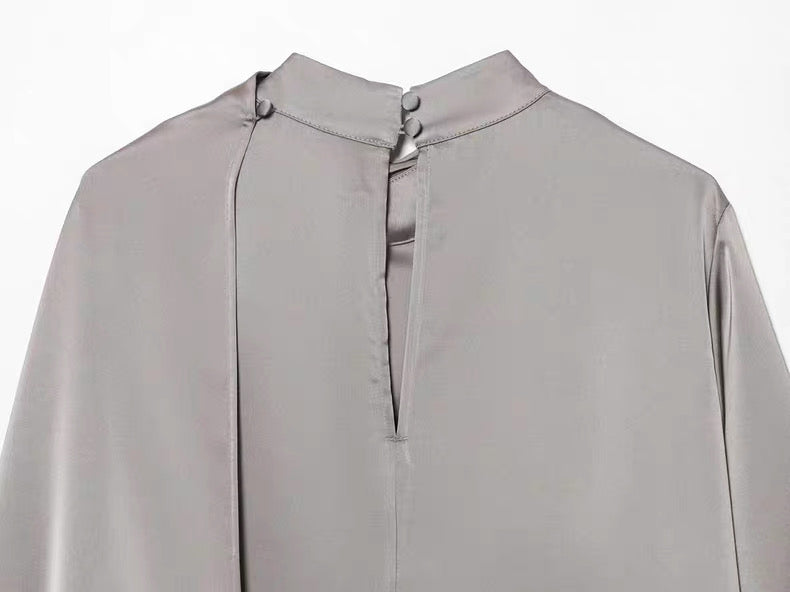 Satin Blouse with Drapes in Grey