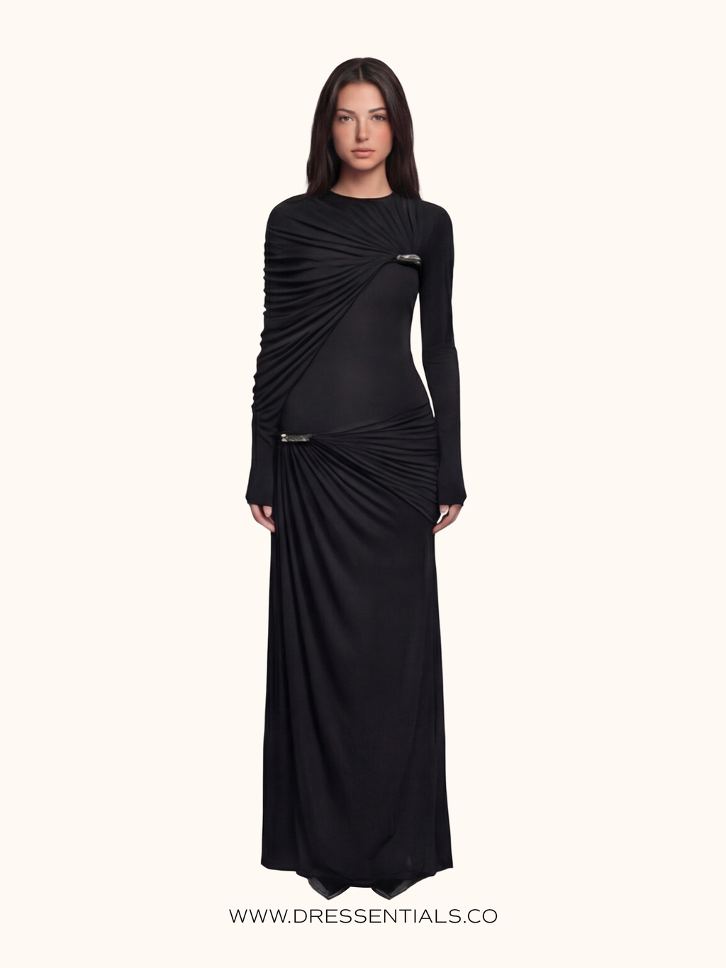 Ruched Long-Sleeve Maxi Dress in Black