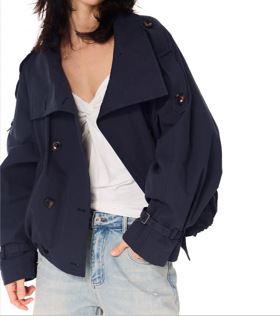 Gathered Trench Jacket in Navy Blue