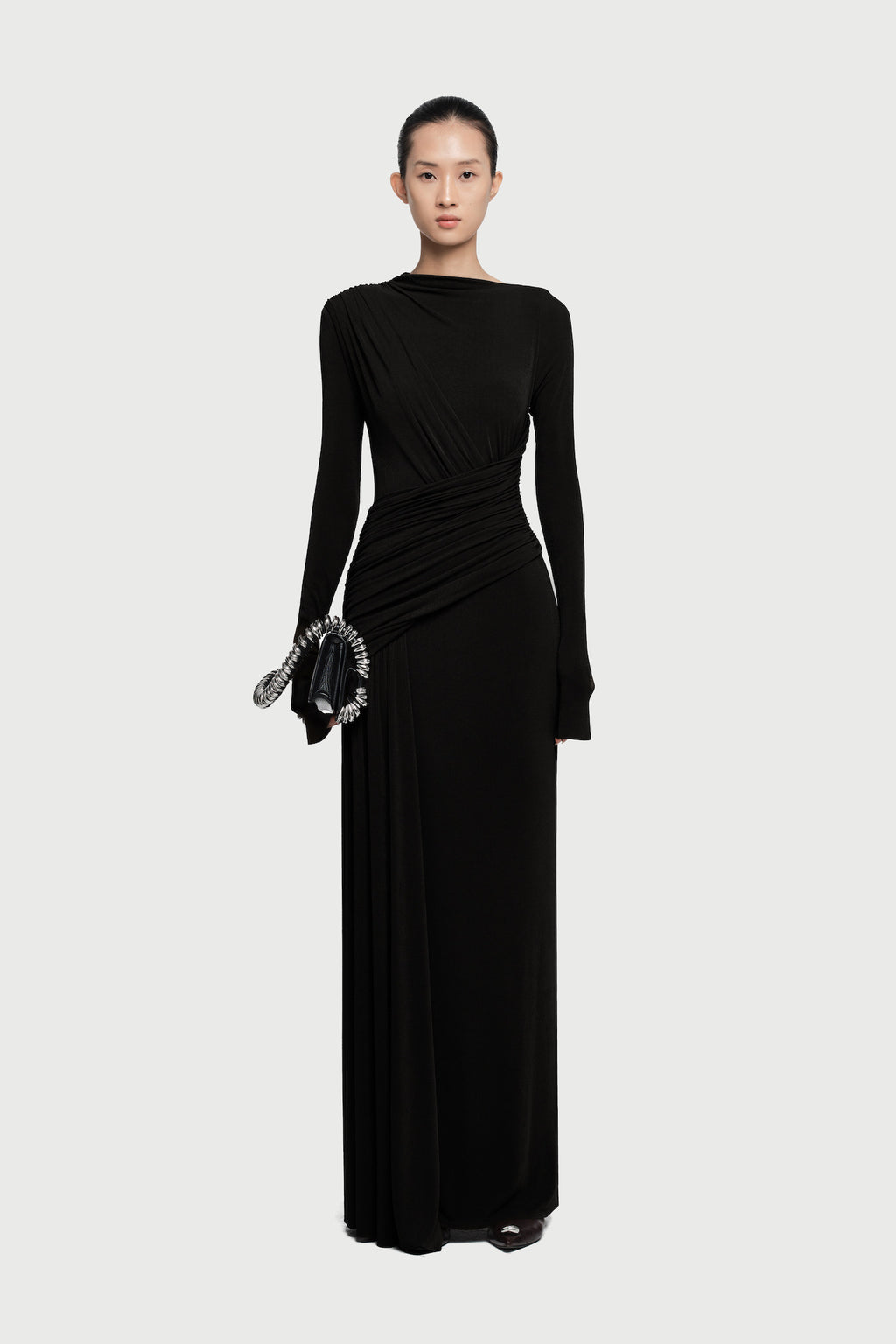 Maxi Long Sleeved Dress with Front and Back Drapes