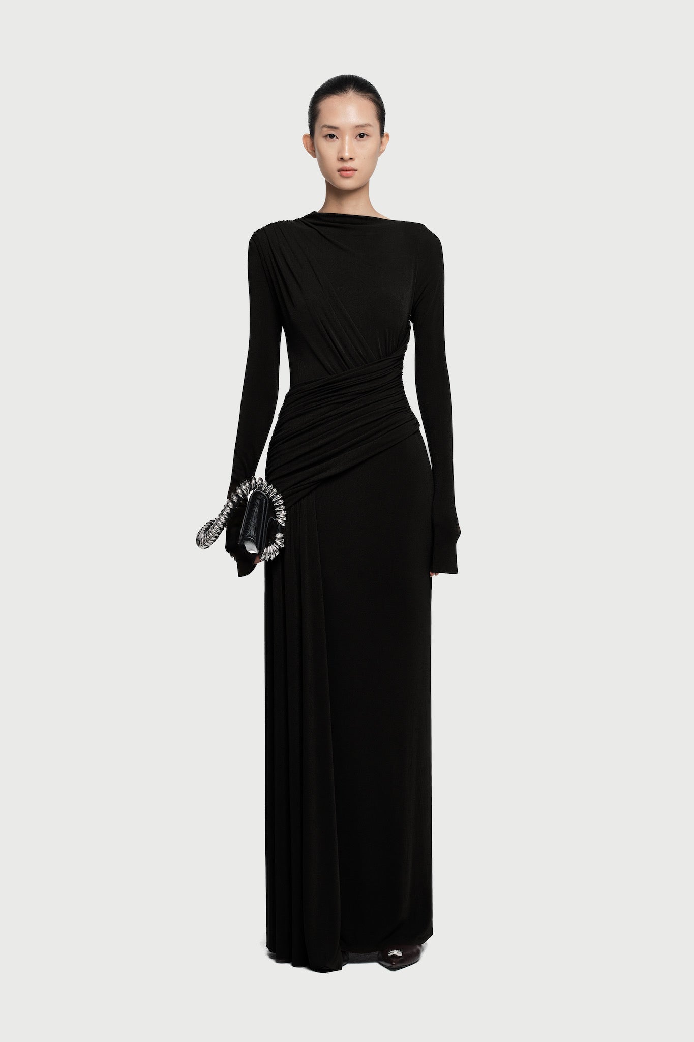 Maxi Long Sleeved Dress with Front and Back Drapes