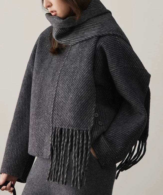 Wool Coat with Removable Scarf (Charcoal)