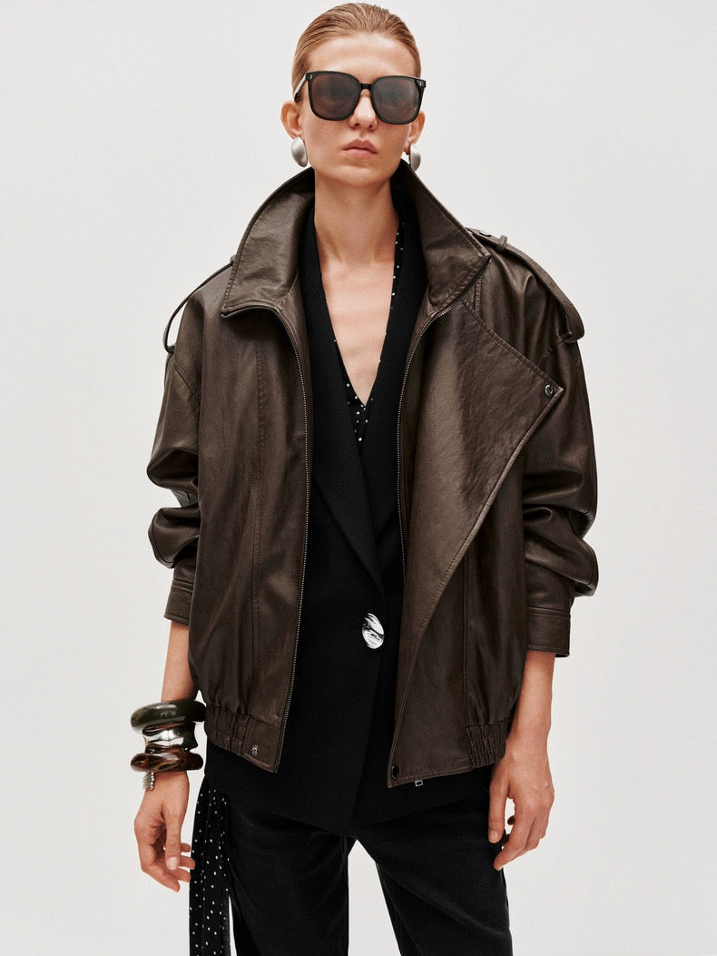 TIE ASYMMETRIC FAUX LEATHER BOMBER JACKETS in brown