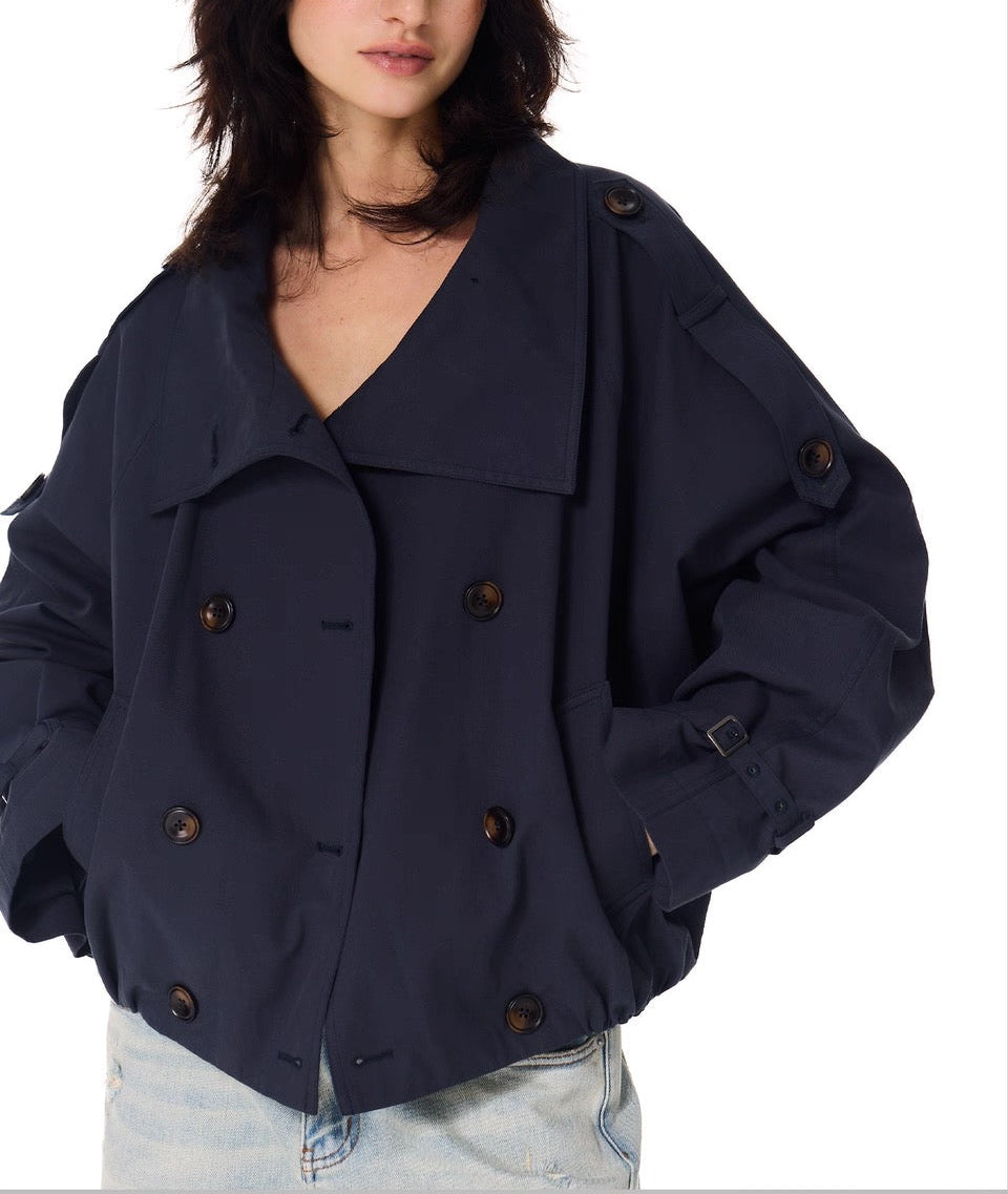 Gathered Trench Jacket in Navy Blue