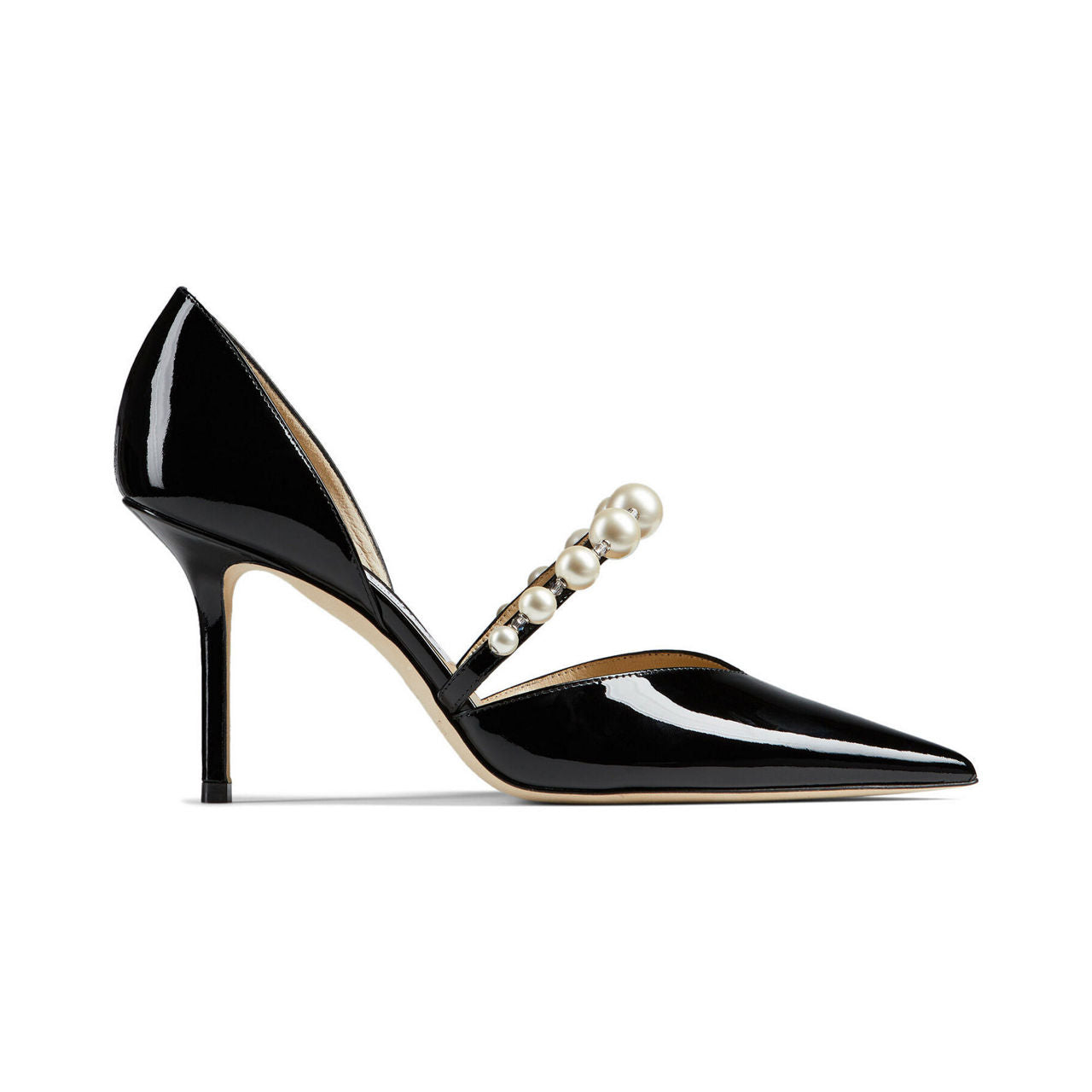 Black Pearl-Embellished Patent Leather Pumps