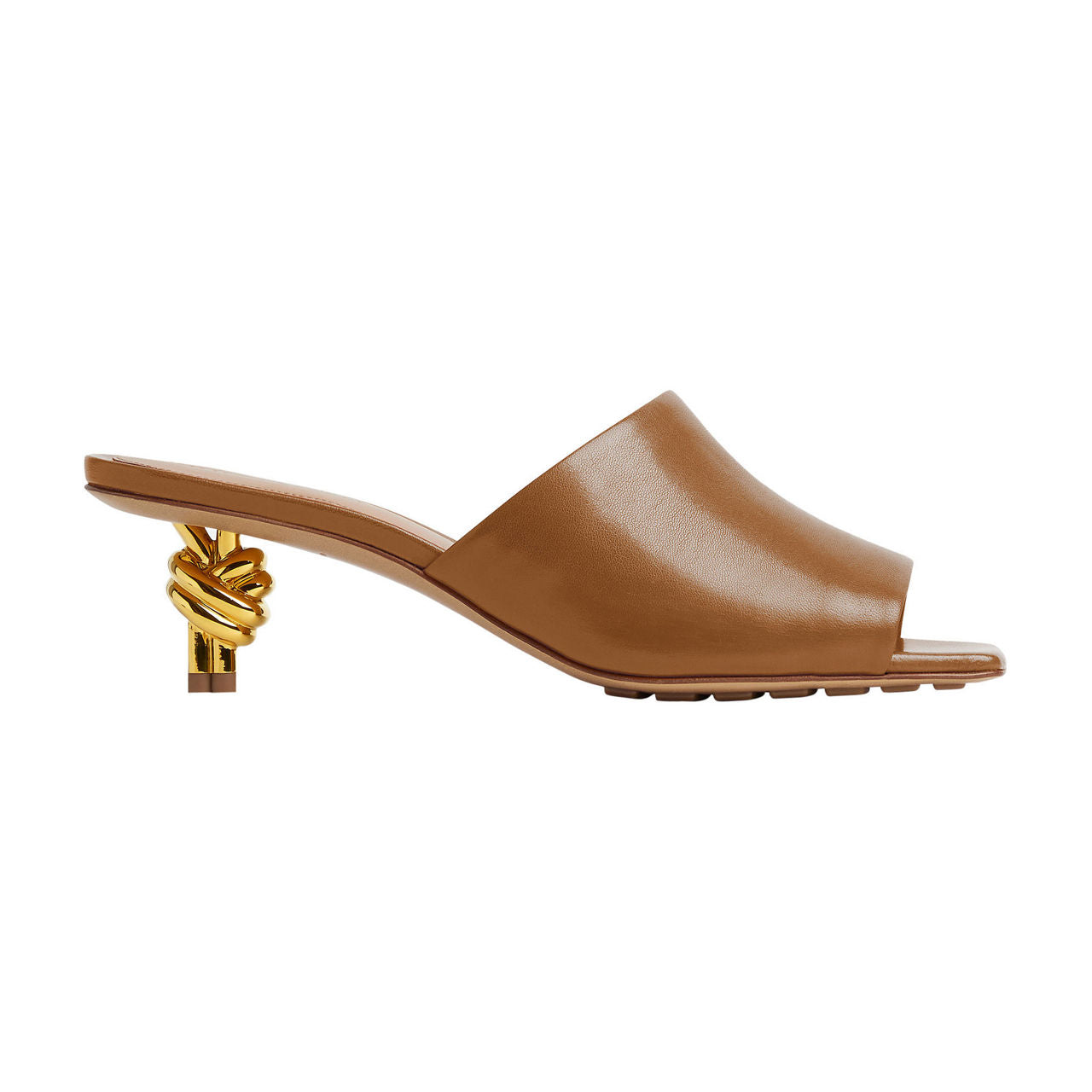 Mule with gold finished metal knot heel