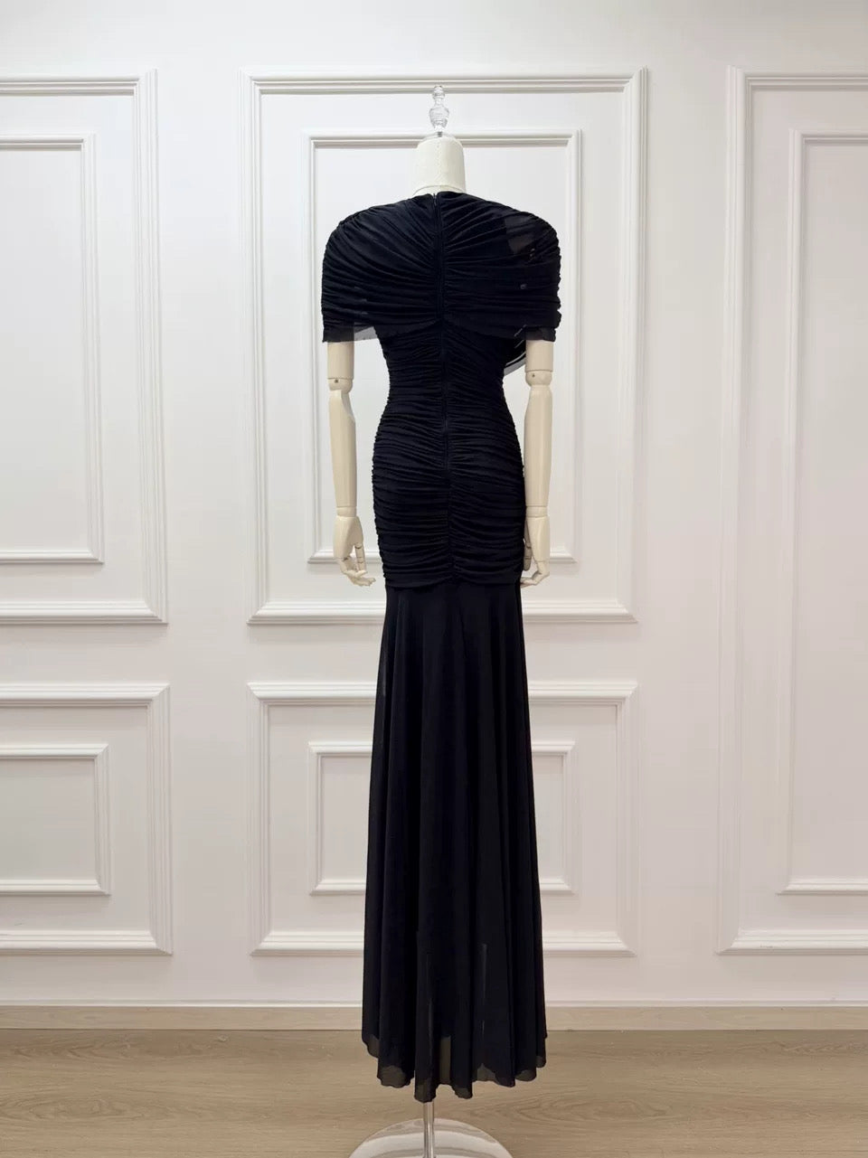 Draped Shoulder Maxi Dress in Black