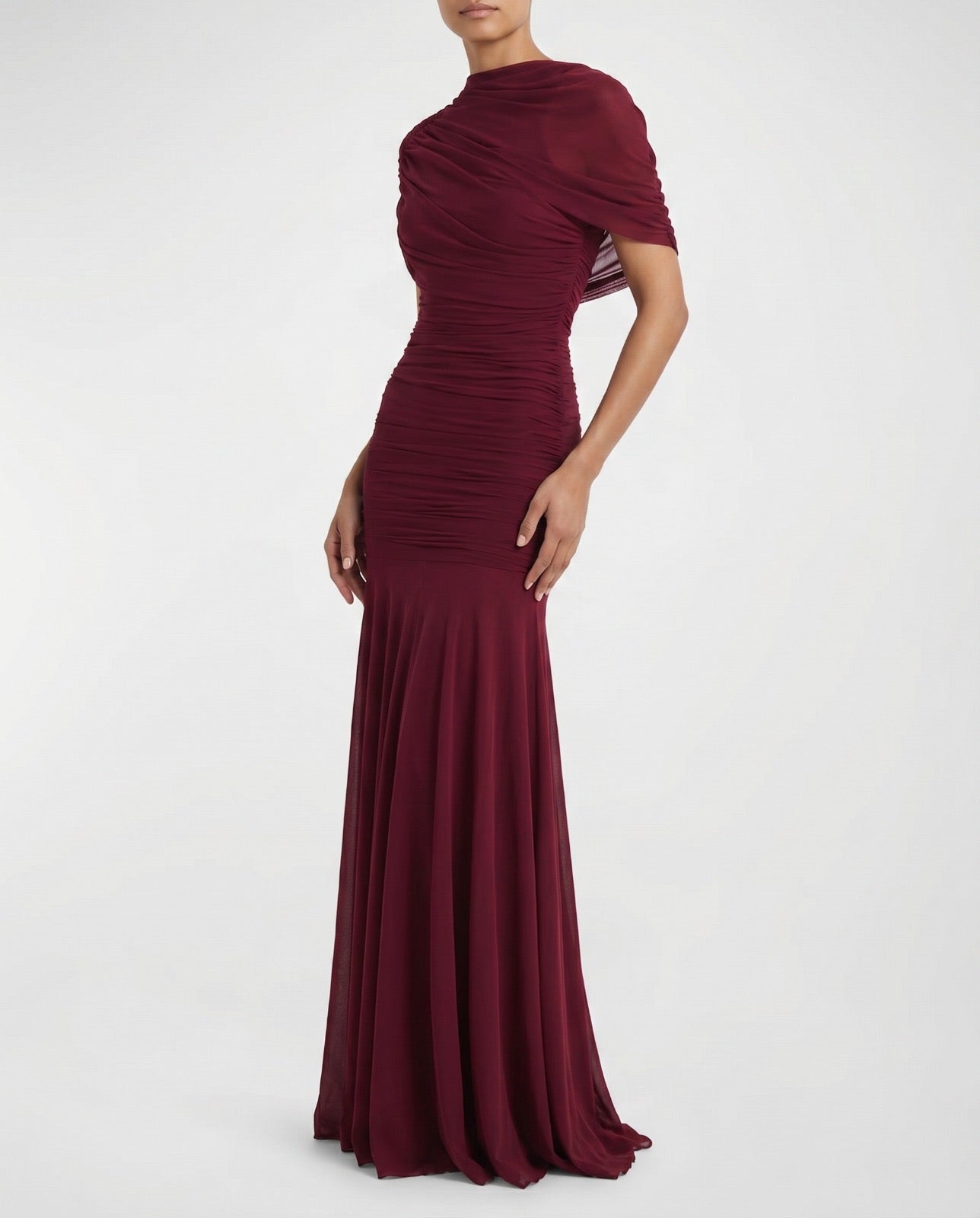 Draped Shoulder Maxi Dress in Burgundy