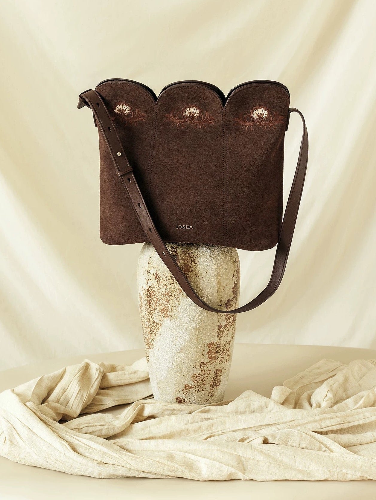 Embroidered Bag in Dark Suede