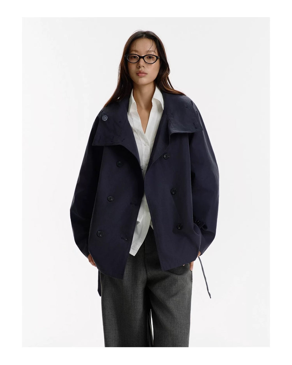 Mid-Length Trench Jacket in Navy Blue
