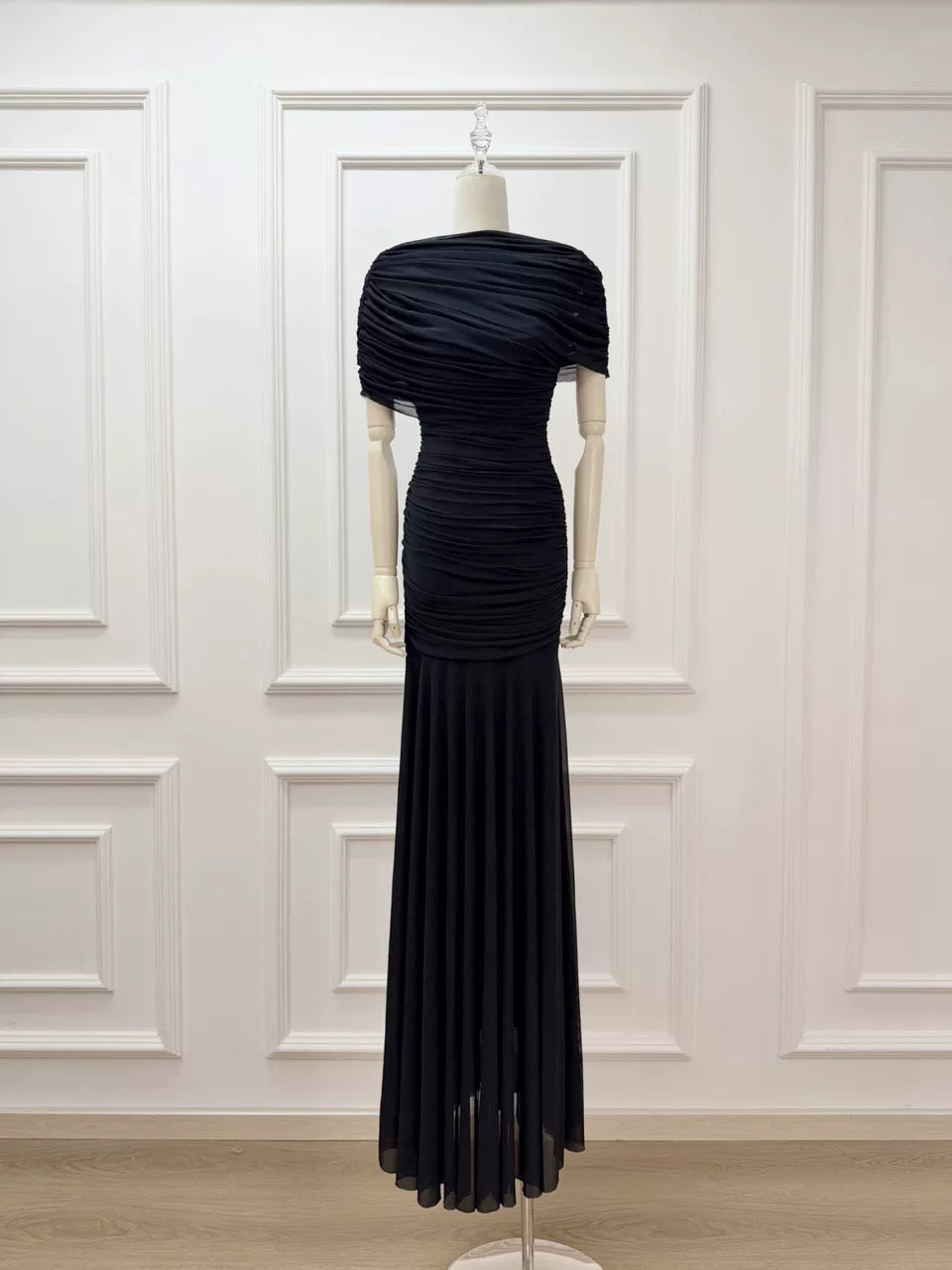 Draped Shoulder Maxi Dress in Black