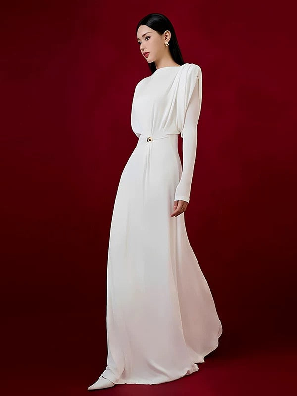 Long Sleeved Dress with Drapes- brown