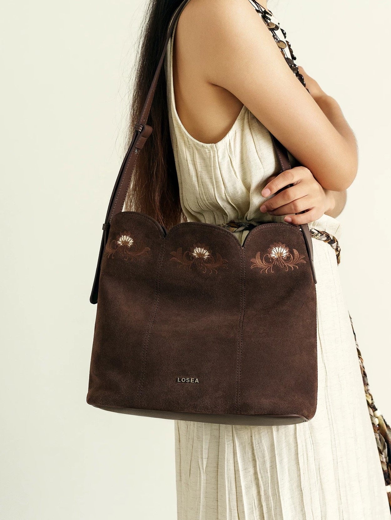 Embroidered Bag in Dark Suede