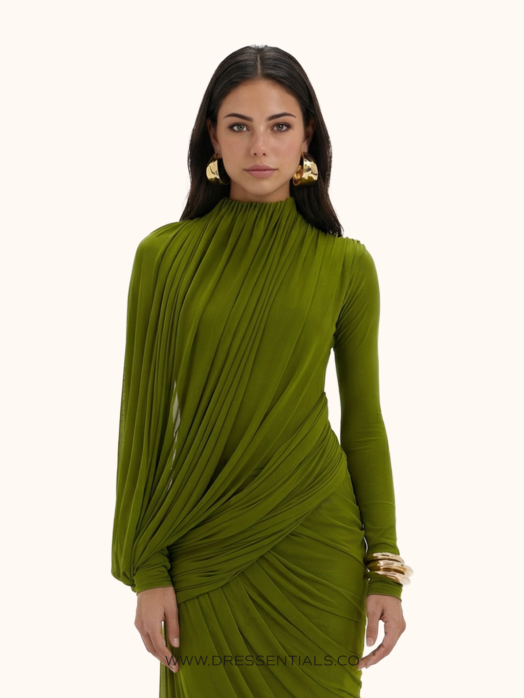 Asymmetric Pleated Drape Maxi Dress in Lime Green