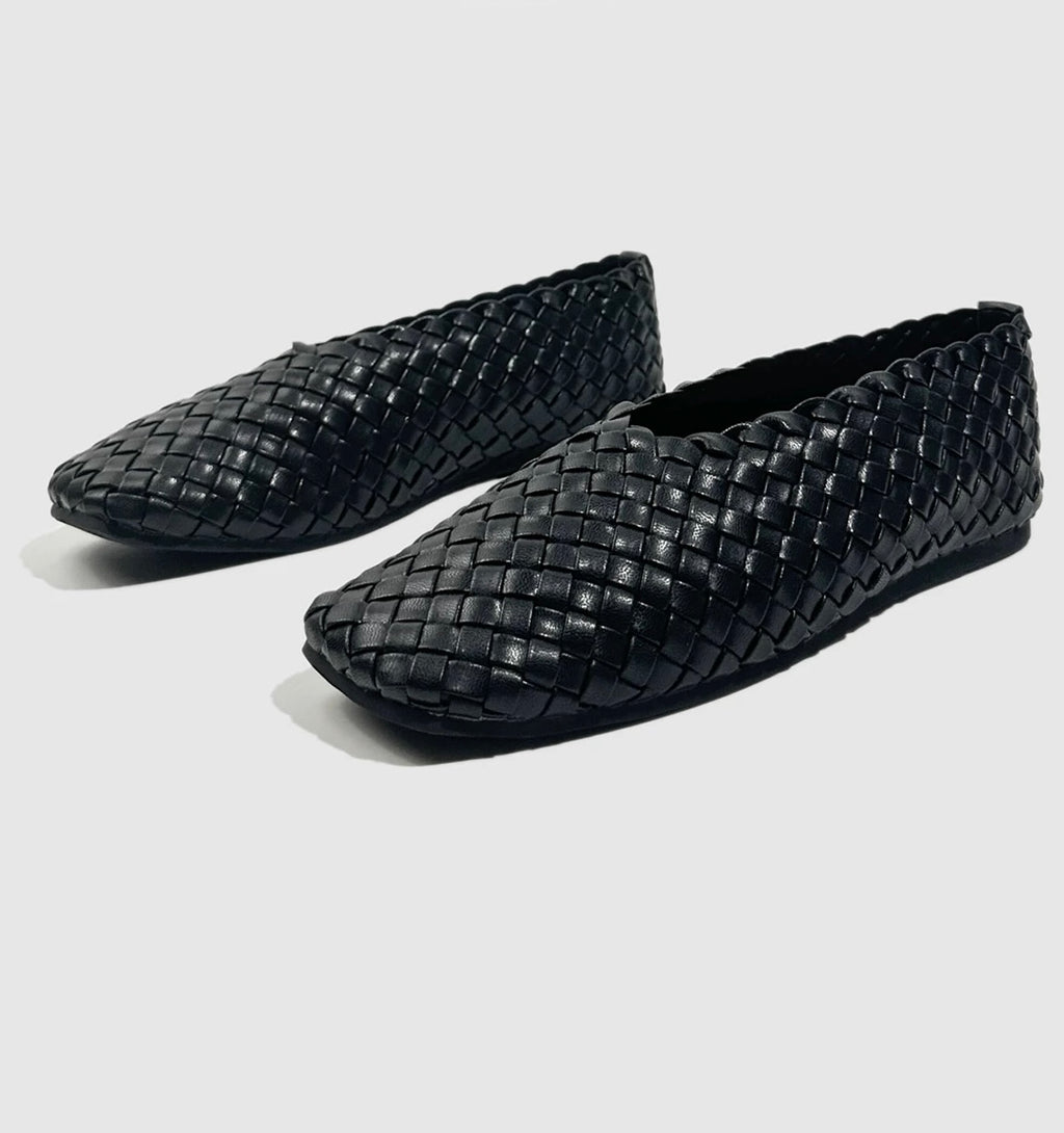 Woven Leather Flats in Black