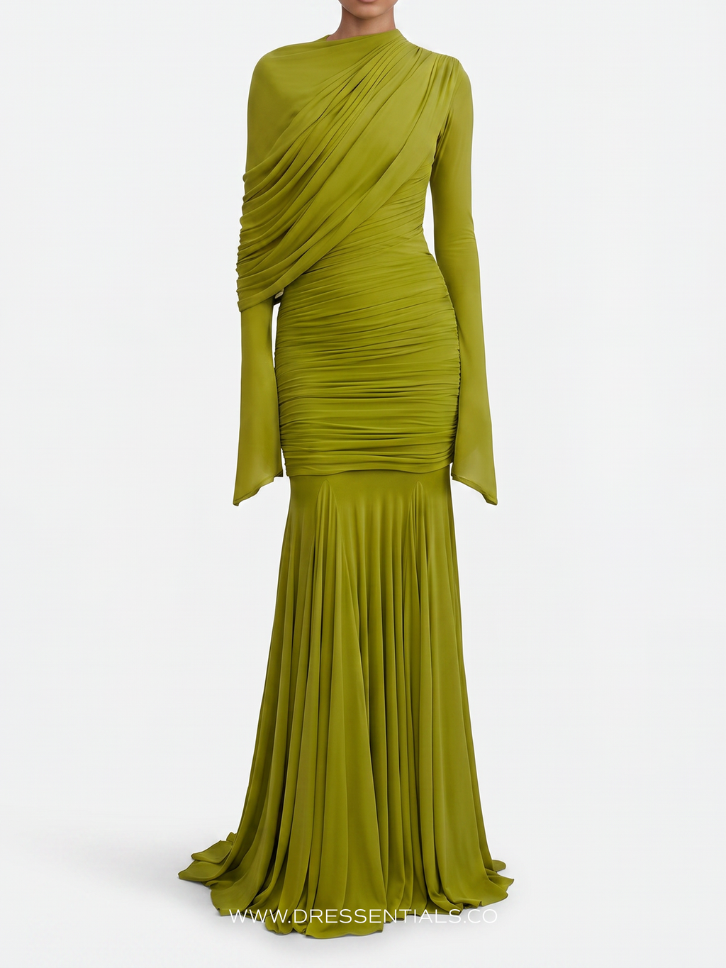 Draped Shoulder Maxi Dress with Long Sleeves