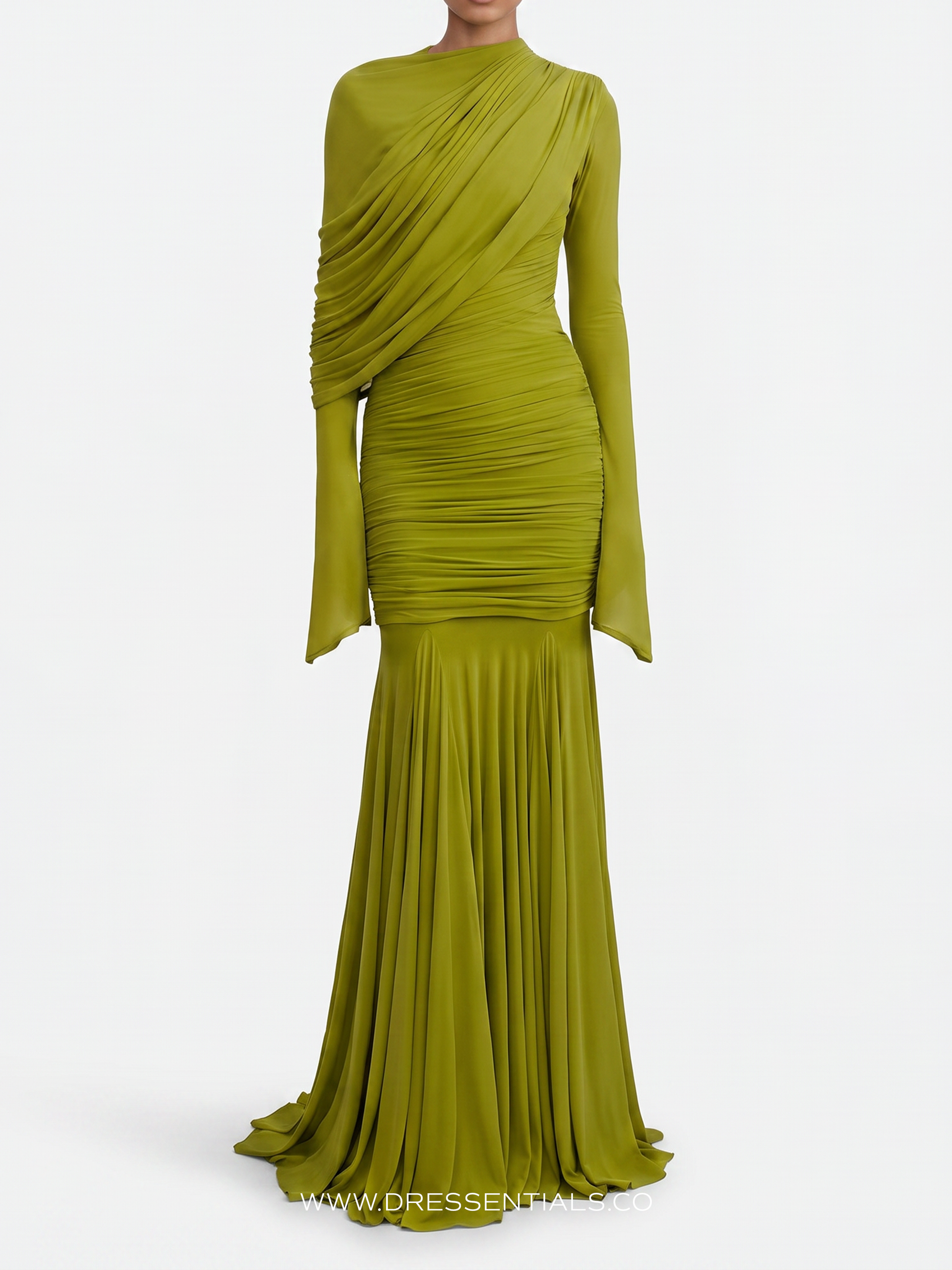 Draped Shoulder Maxi Dress with Long Sleeves