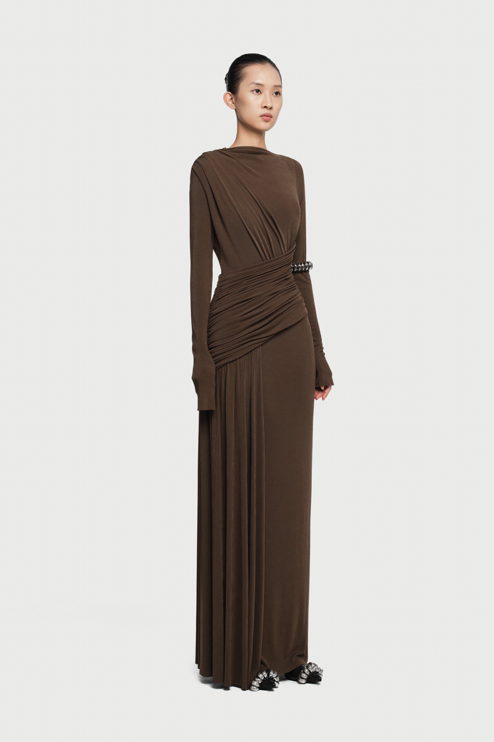 Maxi Long Sleeved Dress with Front and Back Drapes (Immediate)