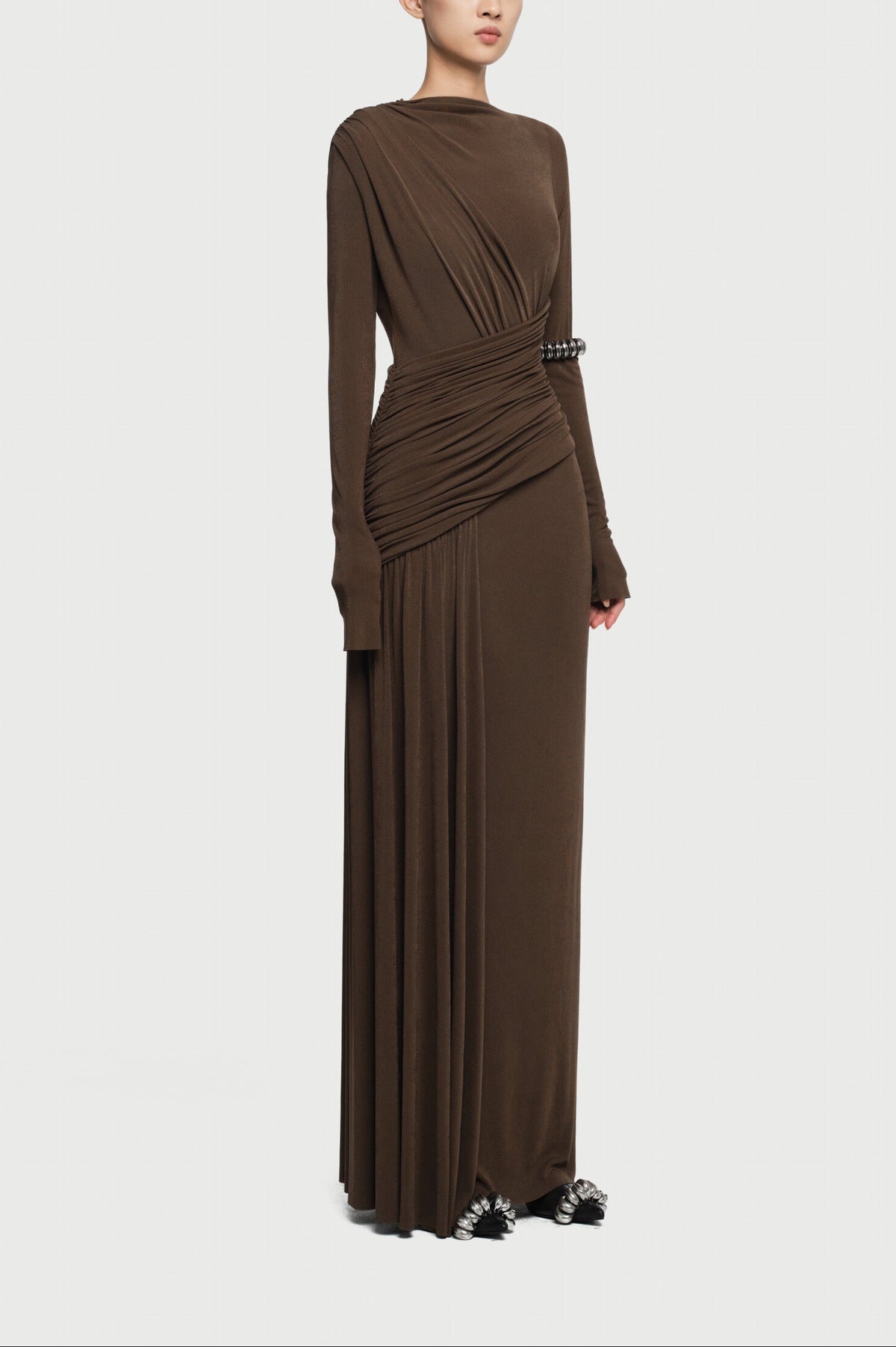 Maxi Long Sleeved Dress with Front and Back Drapes (Immediate)