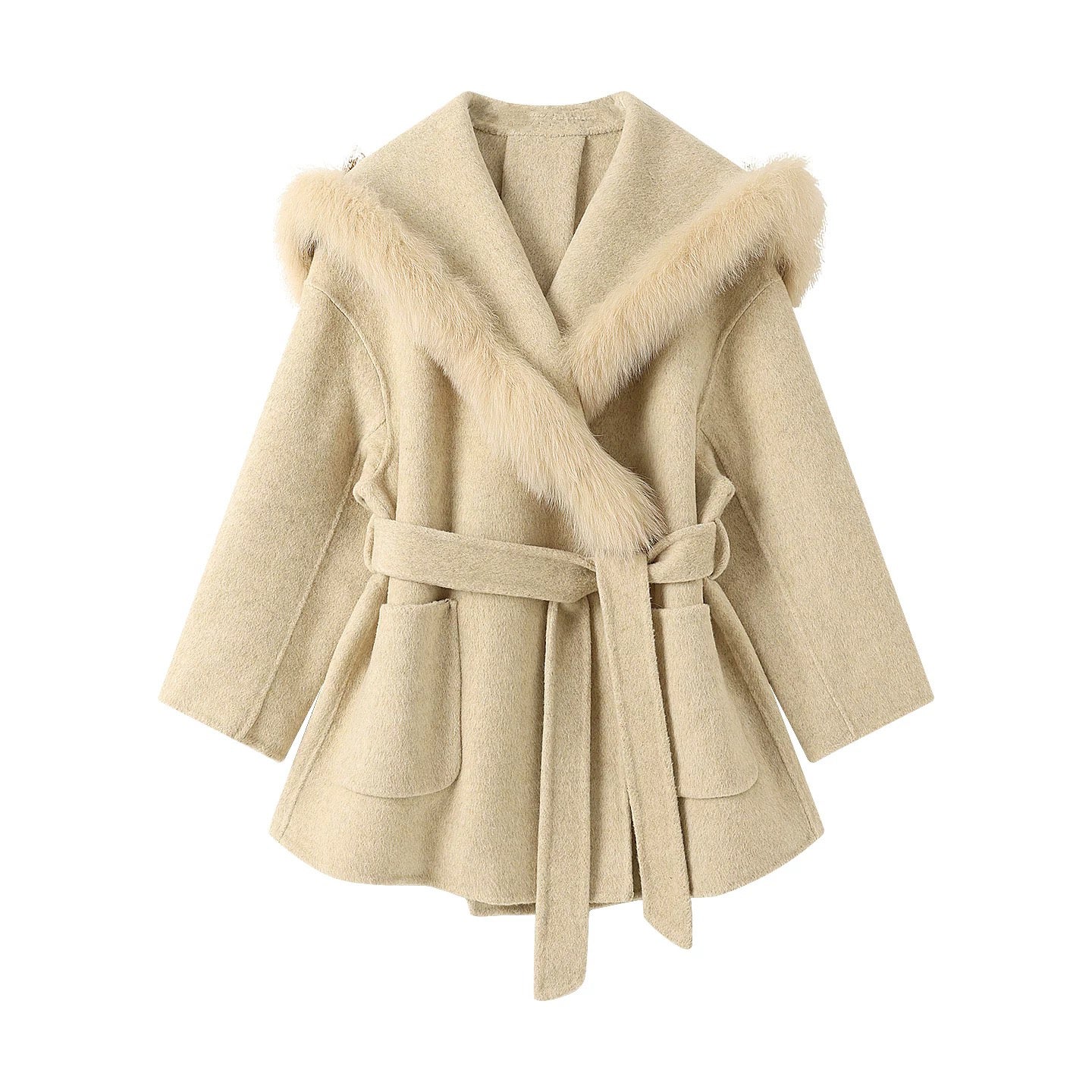 Fox Fur Collar Coat in Beige