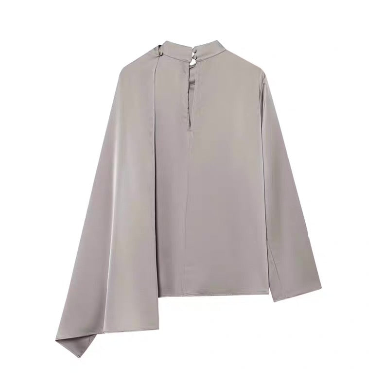Satin Blouse with Drapes in Grey