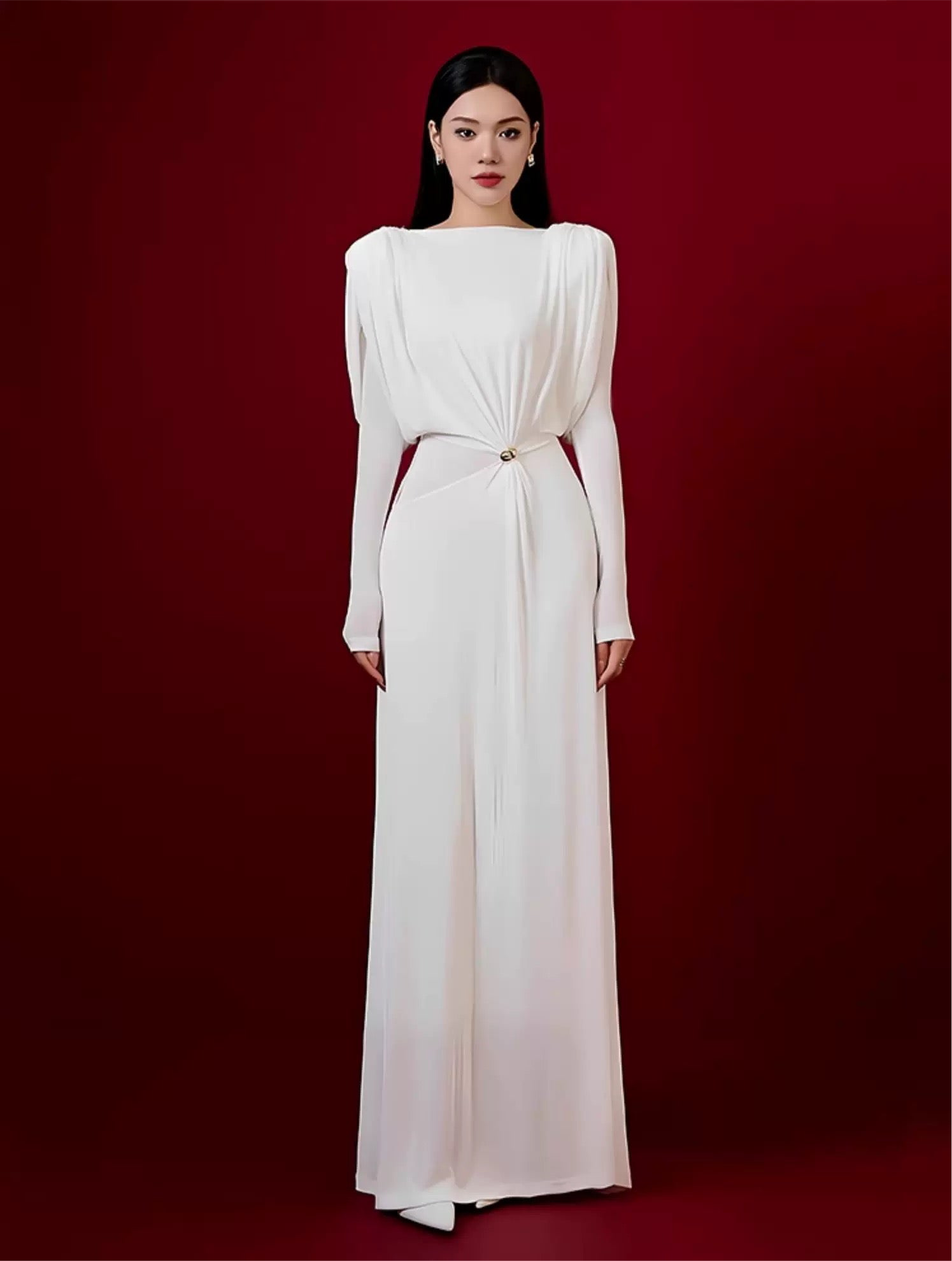 Long Sleeved Dress with Drapes- brown