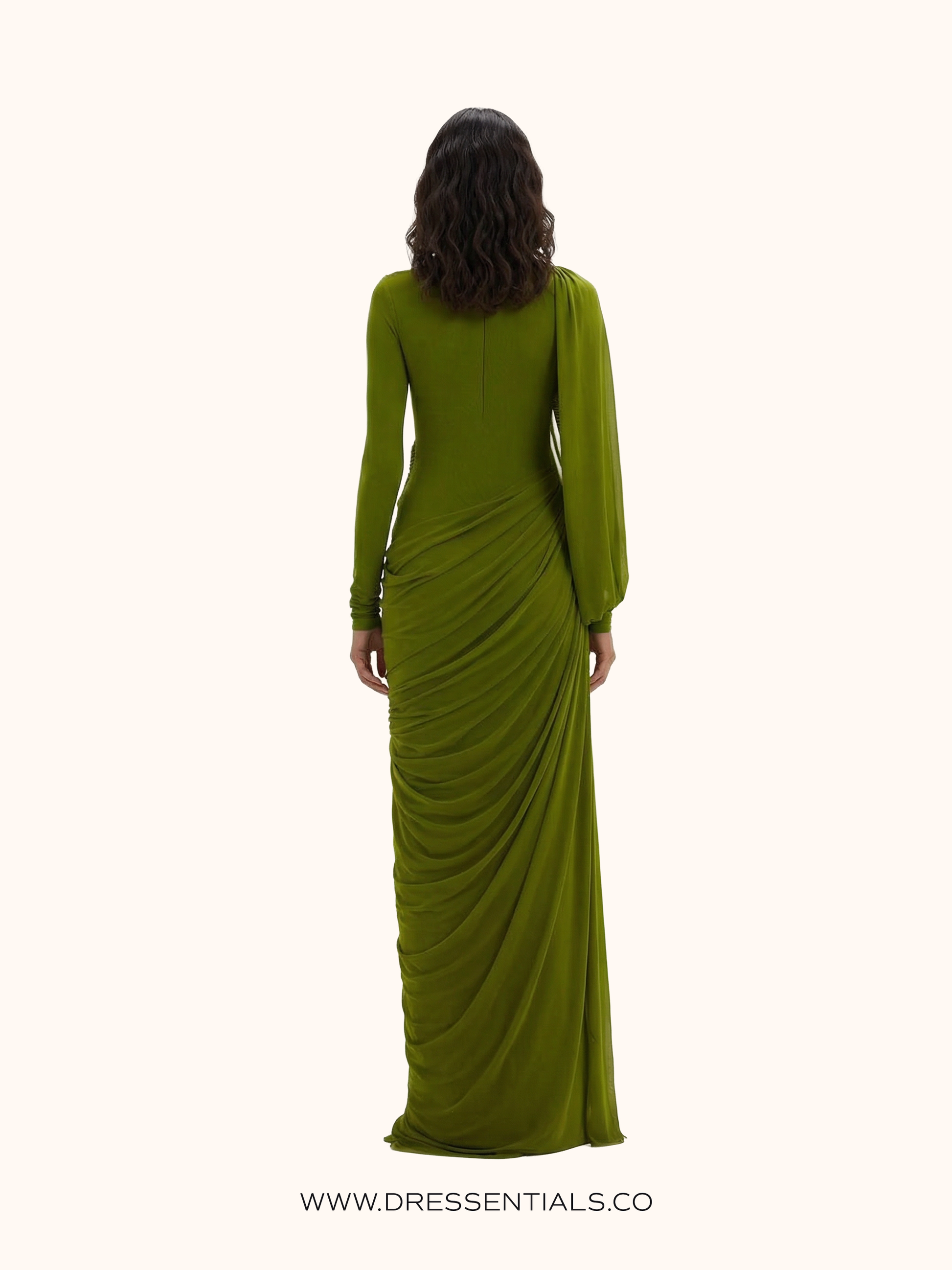 Asymmetric Pleated Drape Maxi Dress in Lime Green