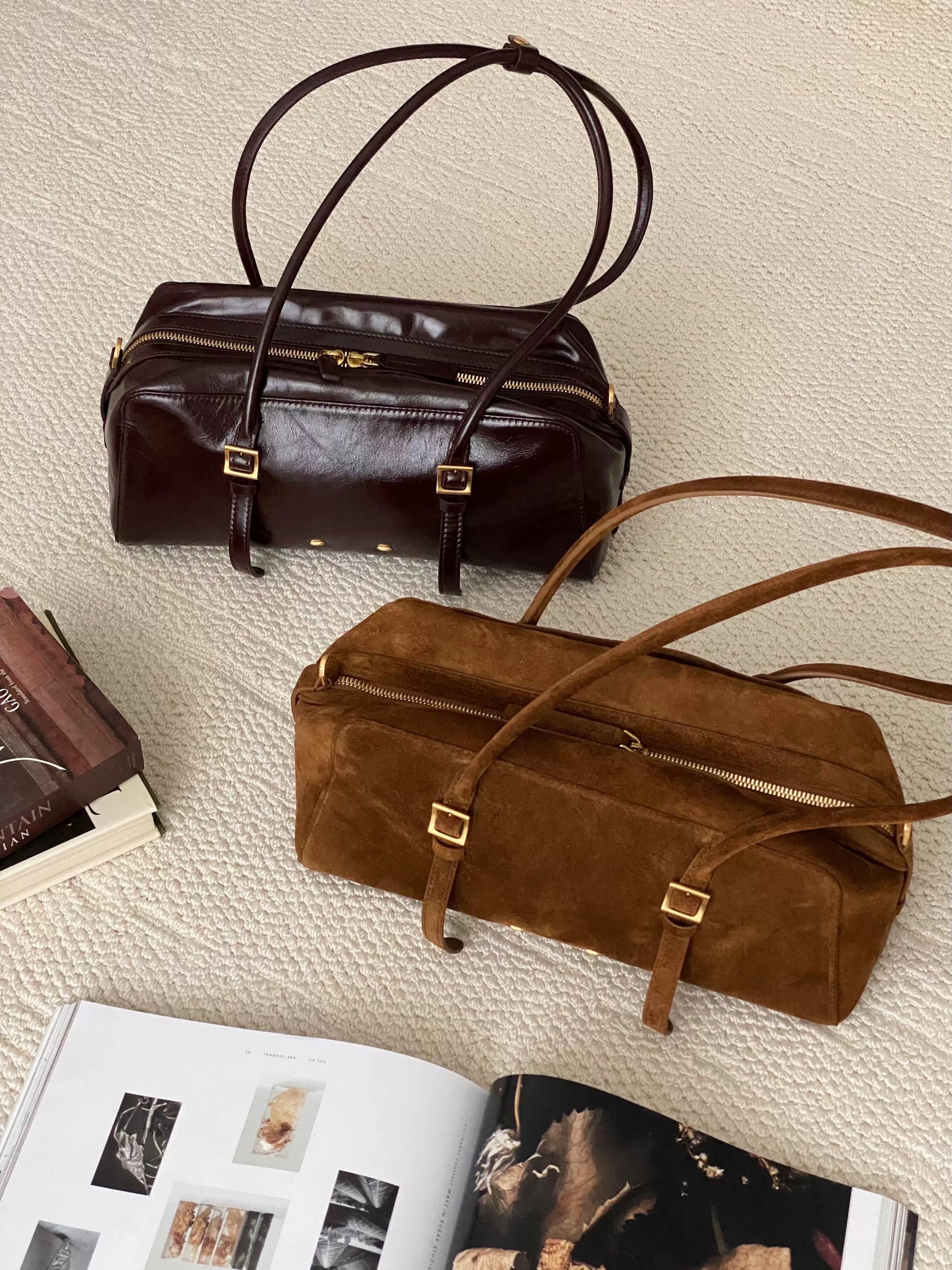 Suede Shoulder Baguette in Tan