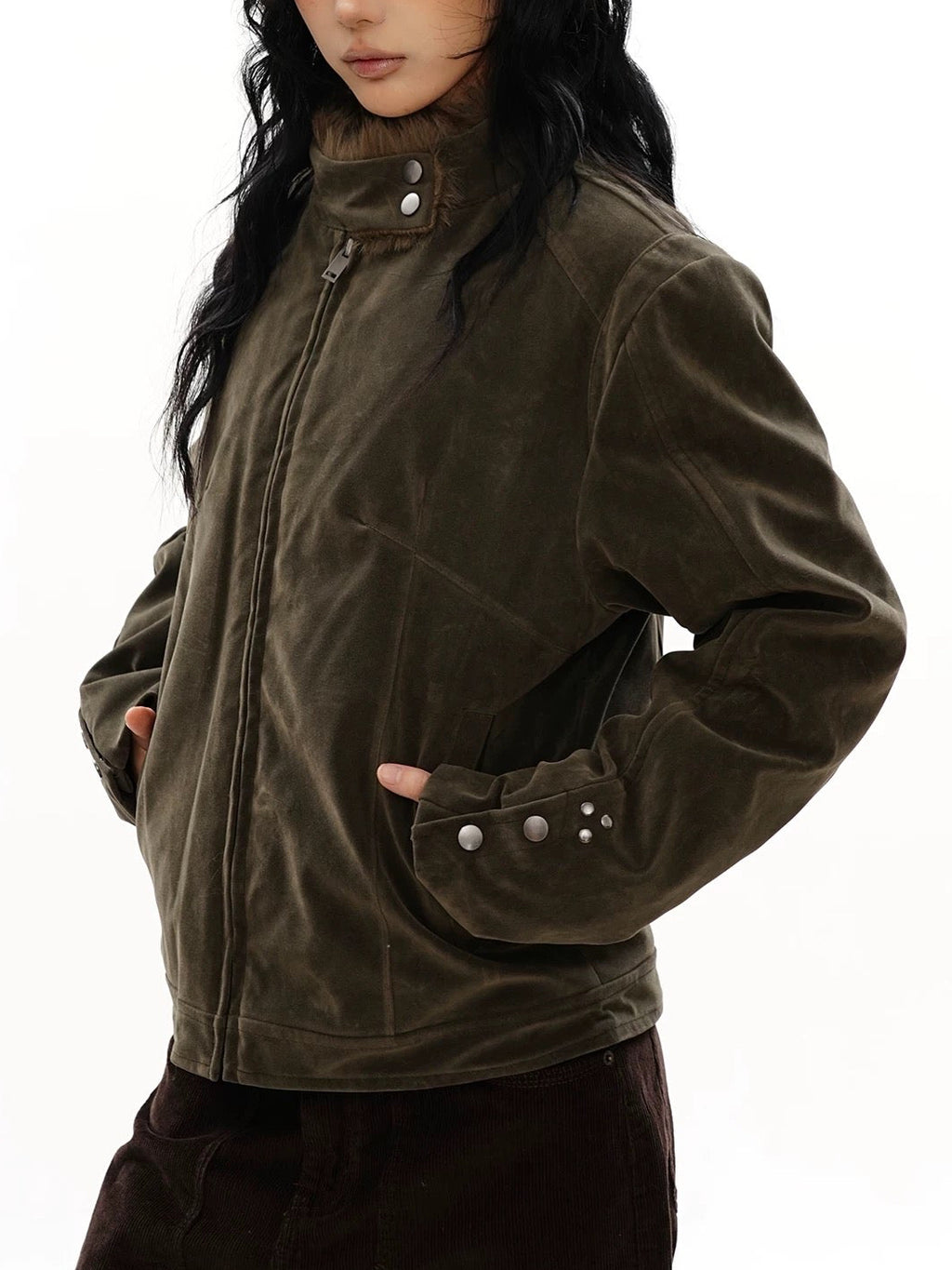 Suede\Fur Studded Jacket in Olive Green (Immediate)