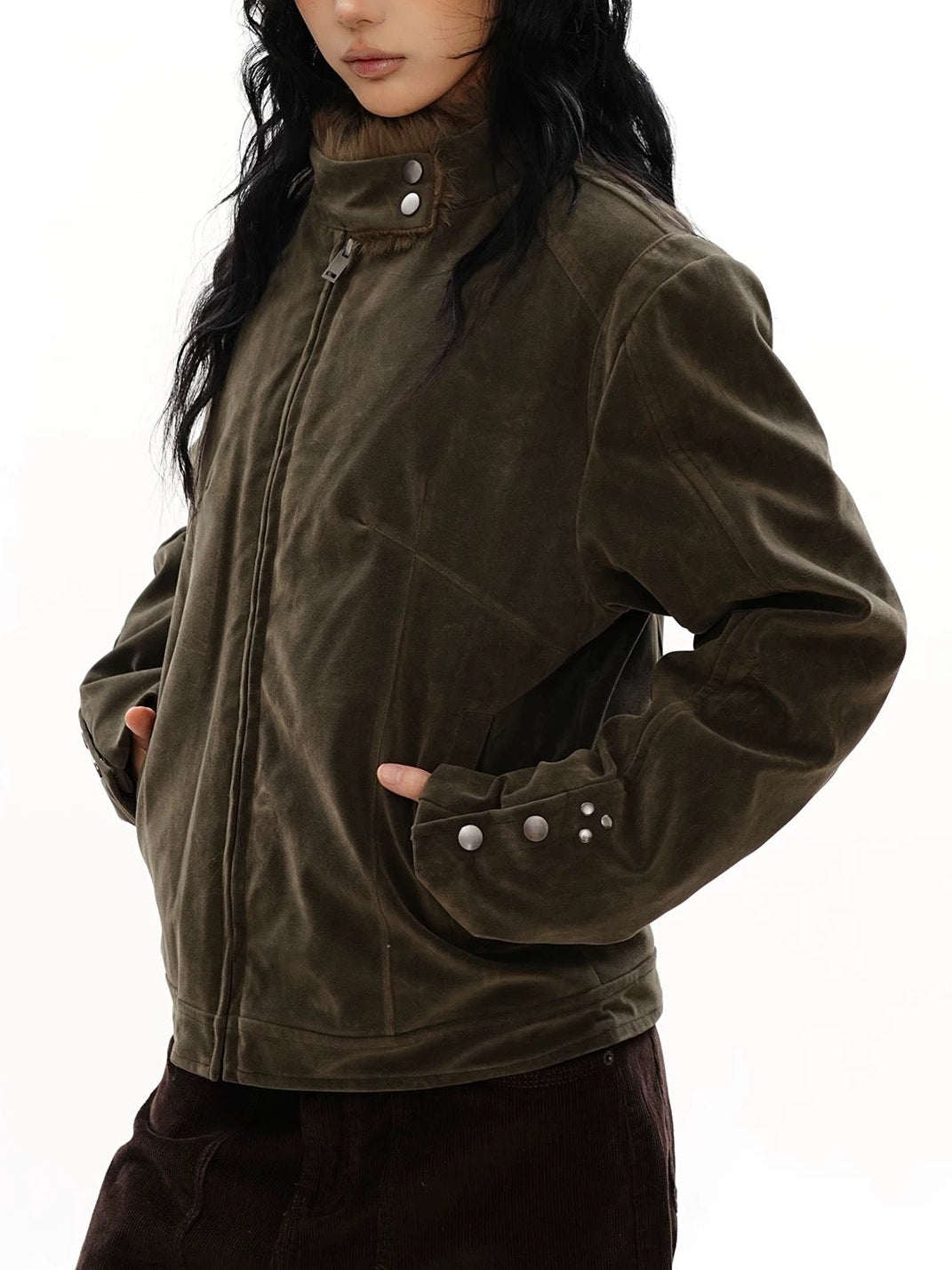 Suede\Fur Studded Jacket in Olive Green (Immediate)