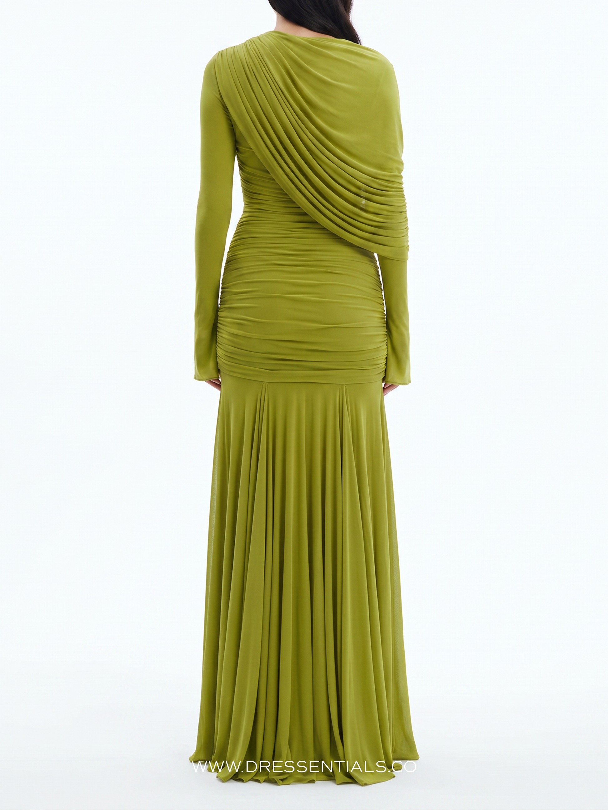 Draped Shoulder Maxi Dress with Long Sleeves