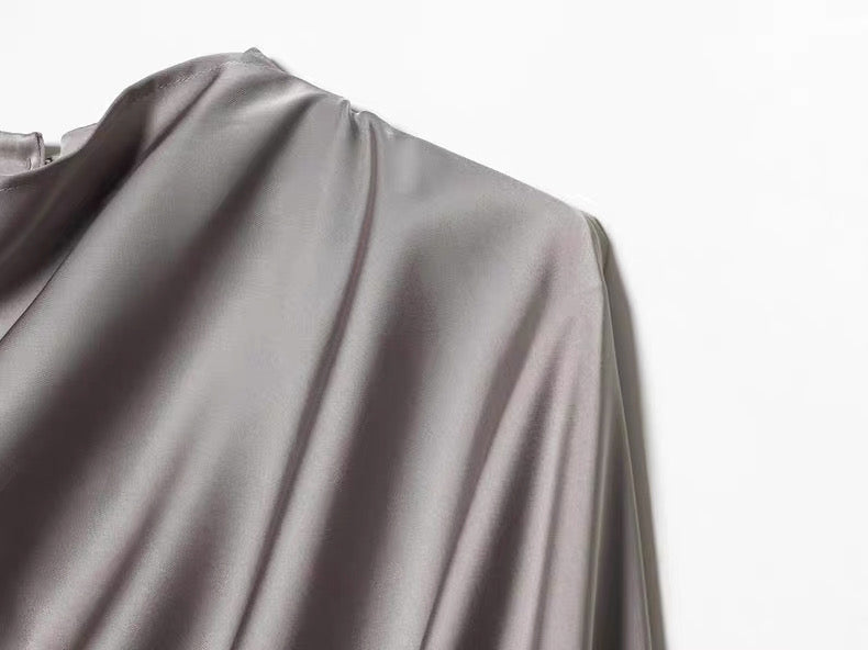 Satin Blouse with Drapes in Grey
