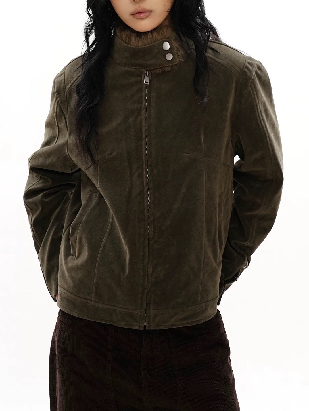 Suede\Fur Studded Jacket in Olive Green (Immediate)