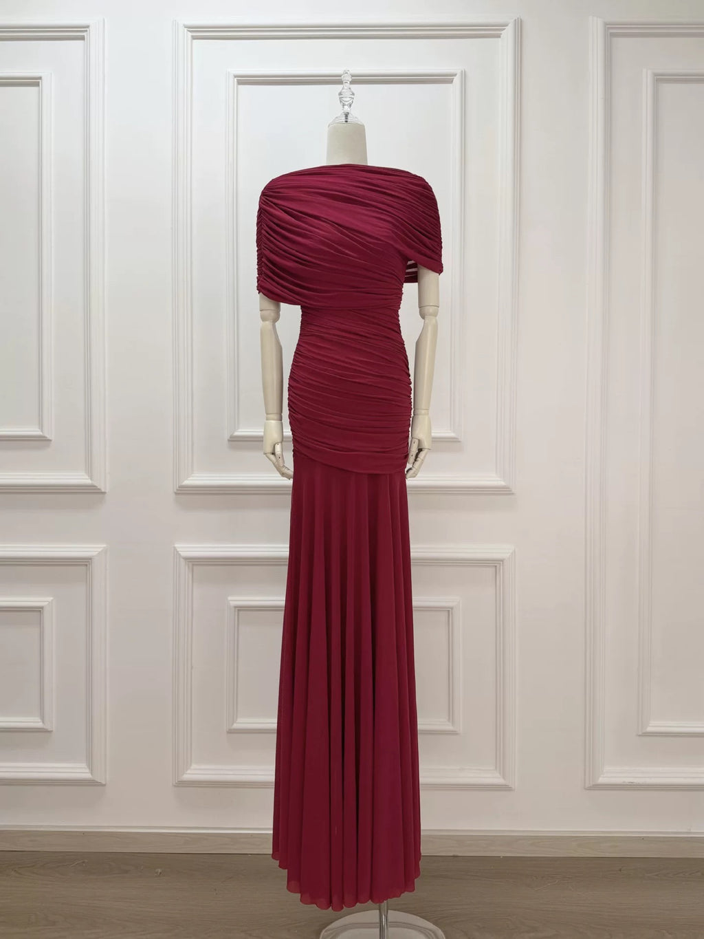 Draped Shoulder Maxi Dress in Burgundy