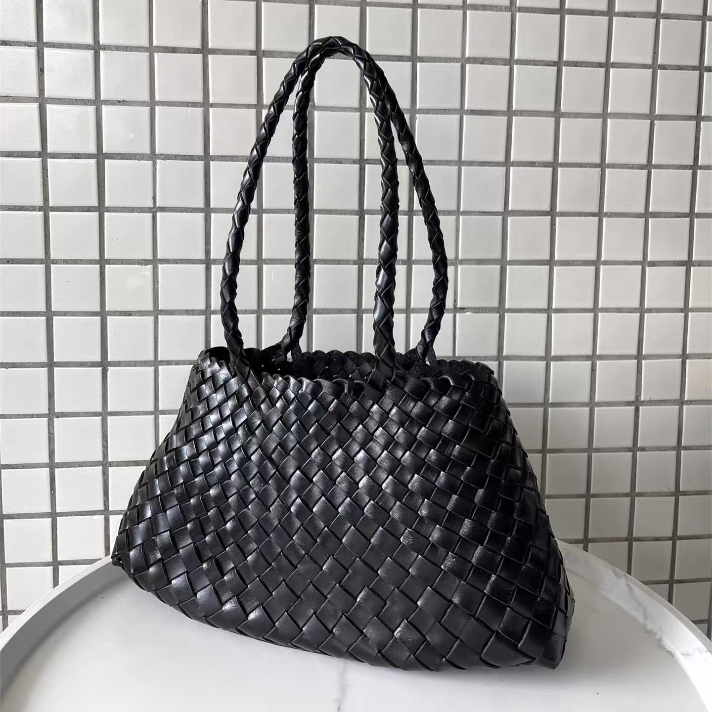 Small Woven Tote Bag in Black