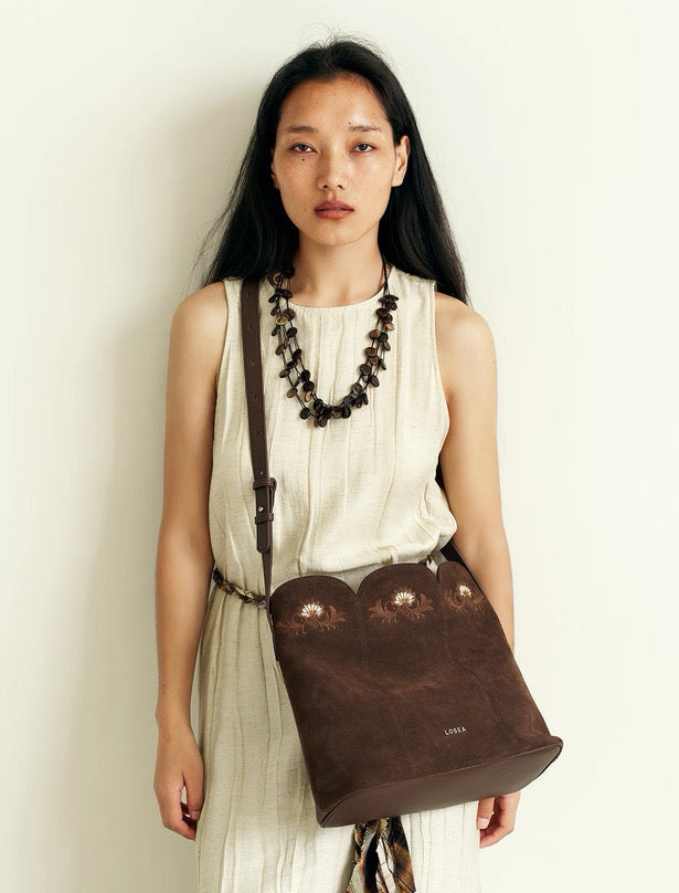 Embroidered Bag in Dark Suede