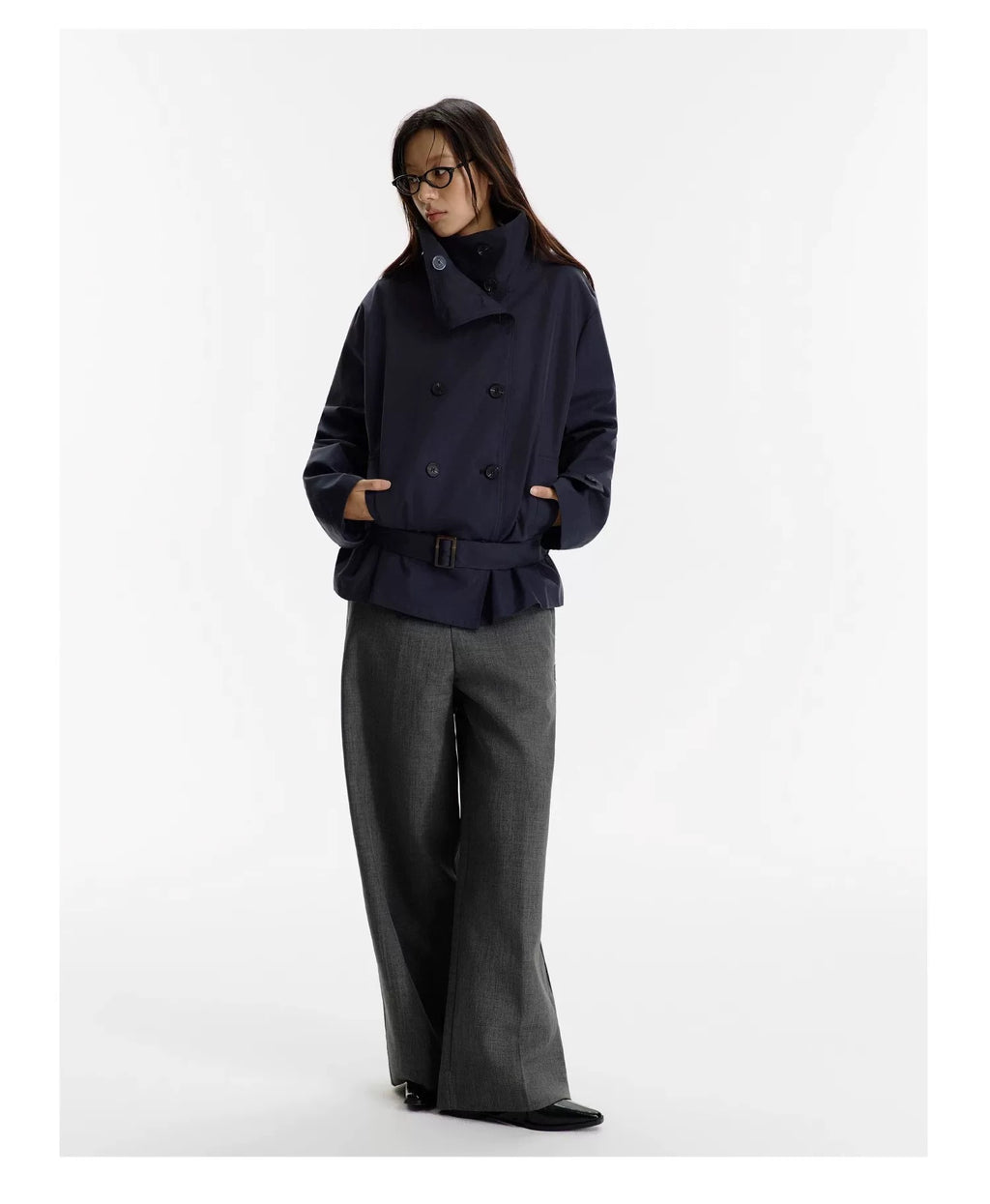 Mid-Length Trench Jacket in Navy Blue