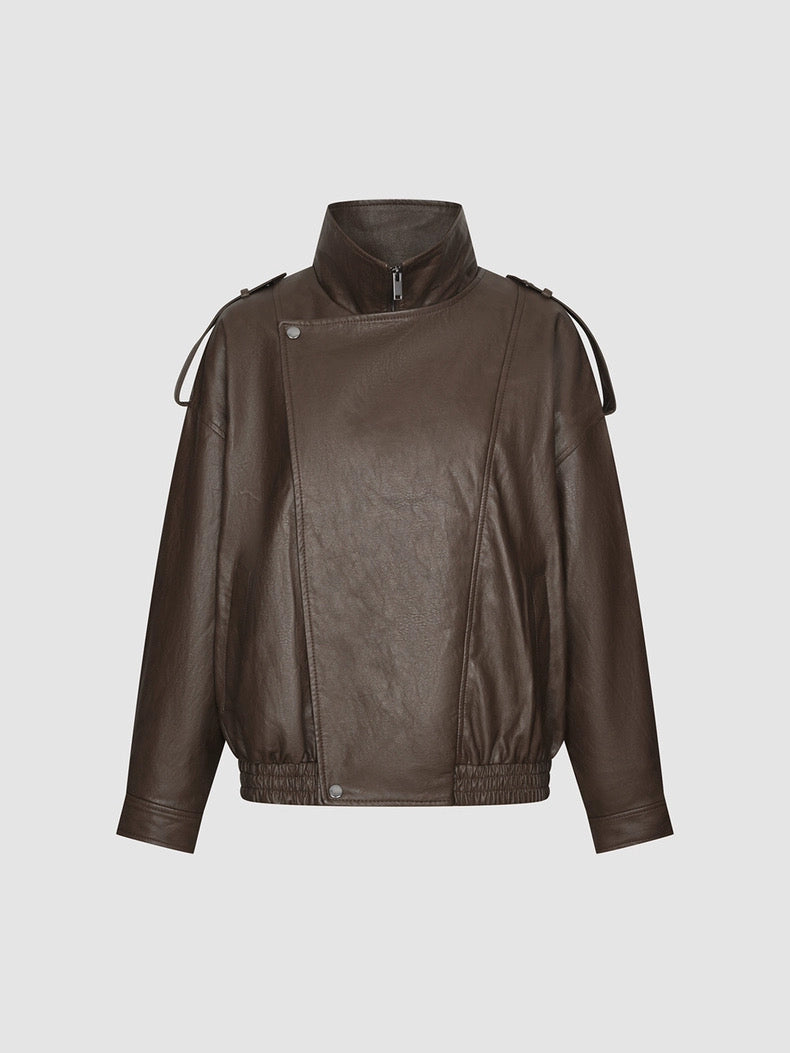 TIE ASYMMETRIC FAUX LEATHER BOMBER JACKETS in brown