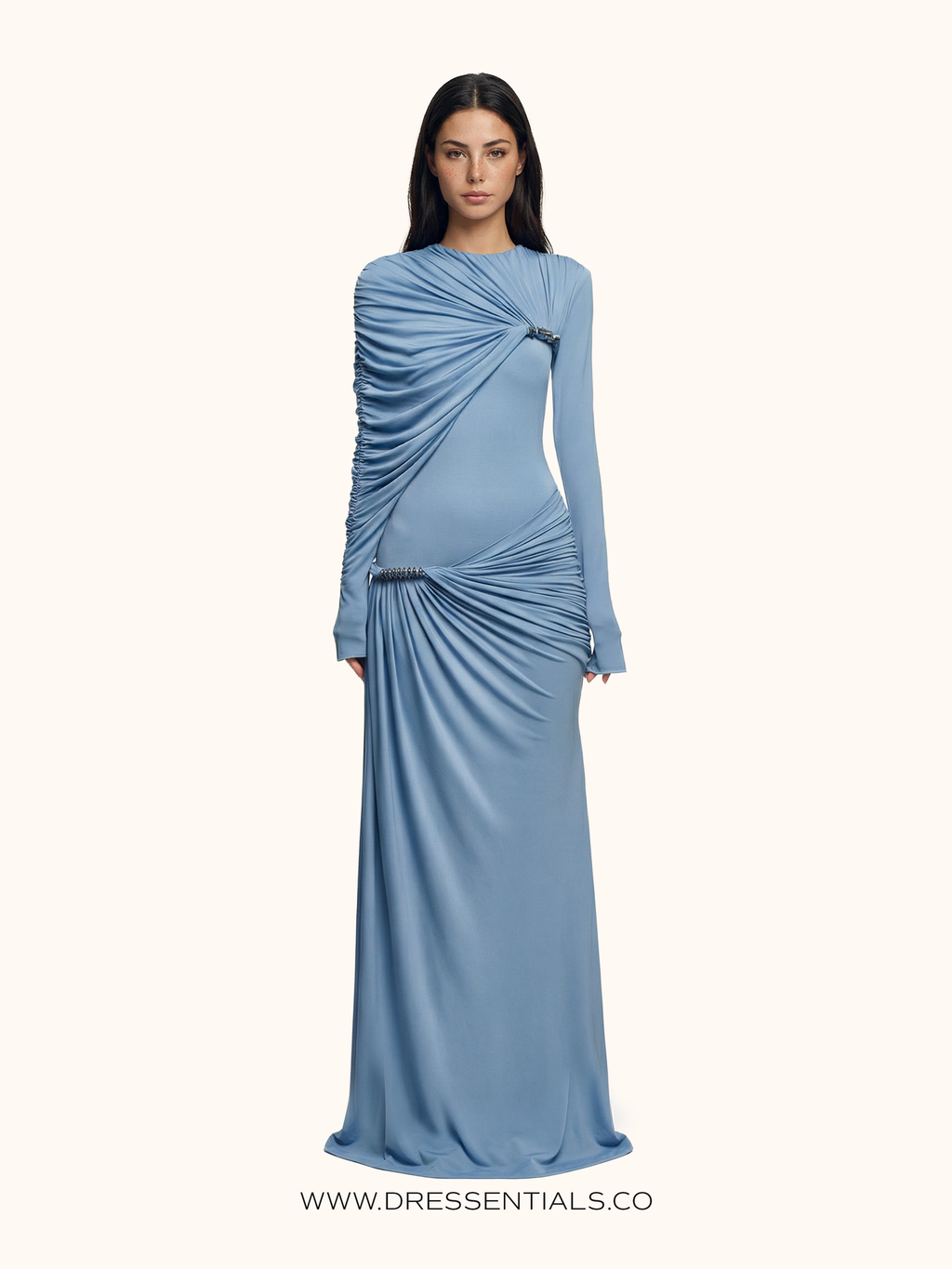 Rushed Long-Sleeve Maxi Dress in Sky Blue