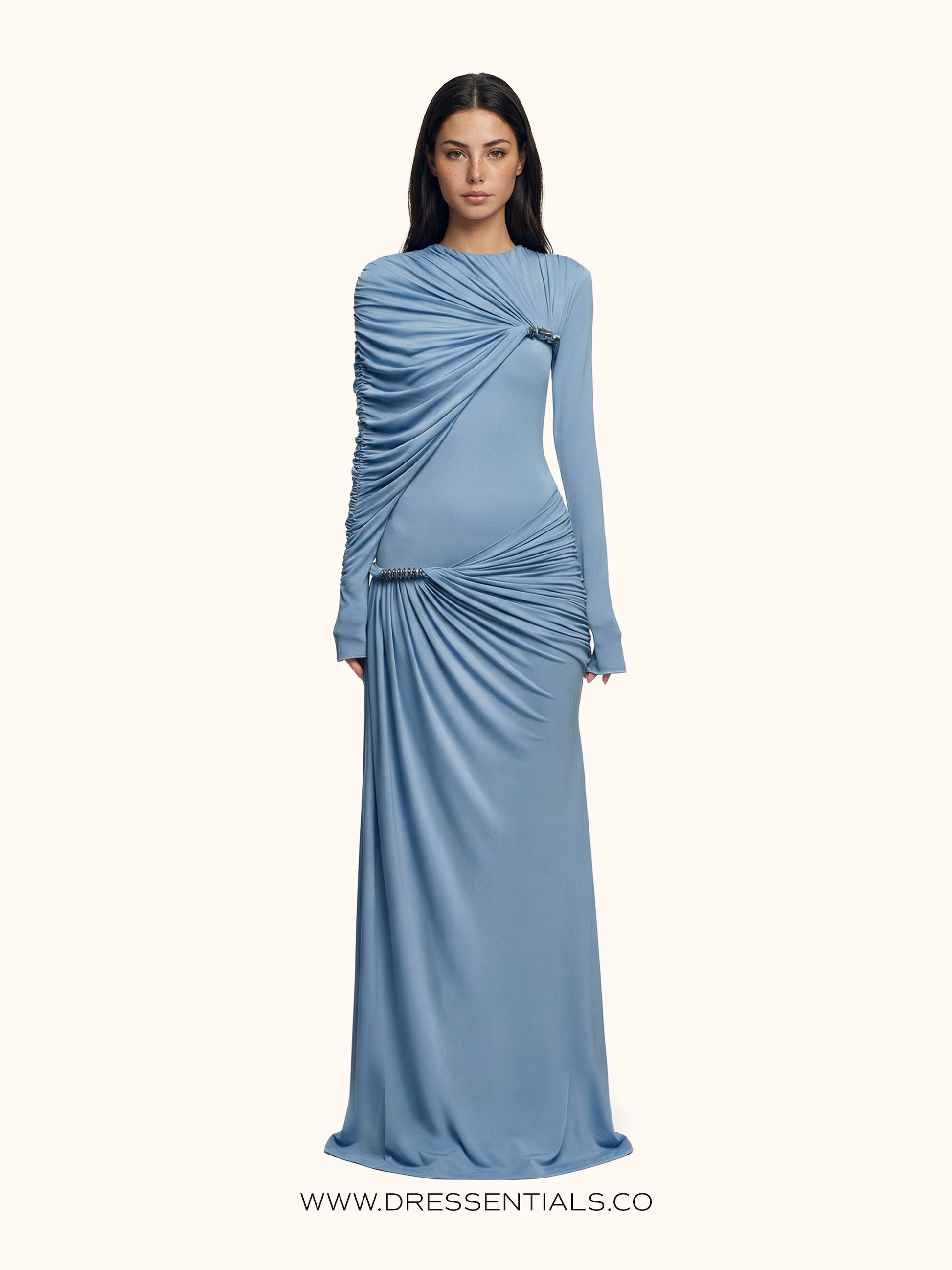 Rushed Long-Sleeve Maxi Dress in Sky Blue