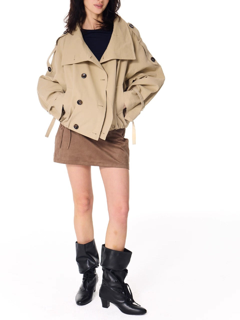 Gathered Trench Jacket in Beige