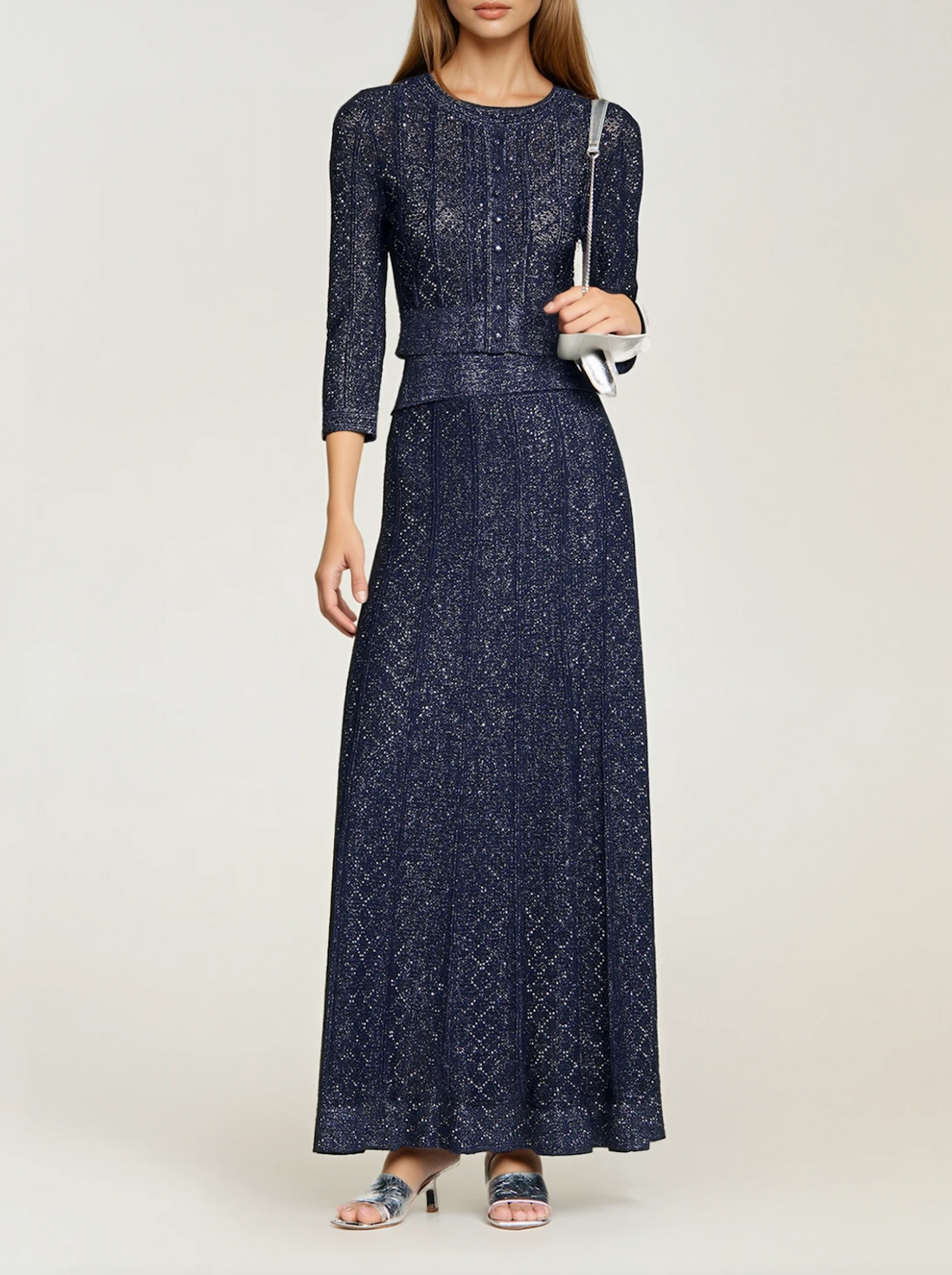 Knit Cropped Cardigan and matching Rhinestone Knit Maxi Skirt Set